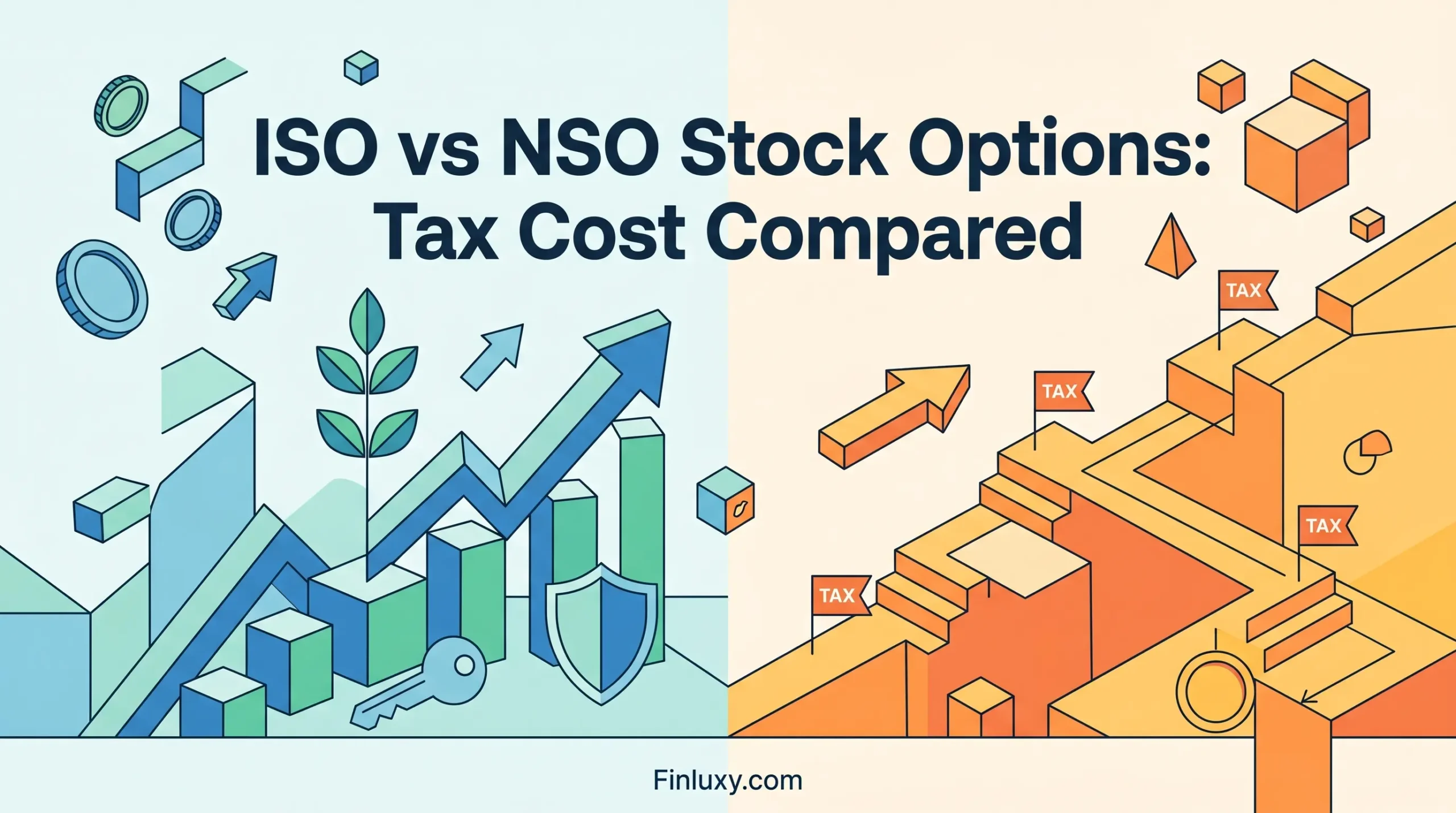 Split geometric illustration comparing ISO and NSO stock options using abstract charts and tax symbols, for Finluxy.com.