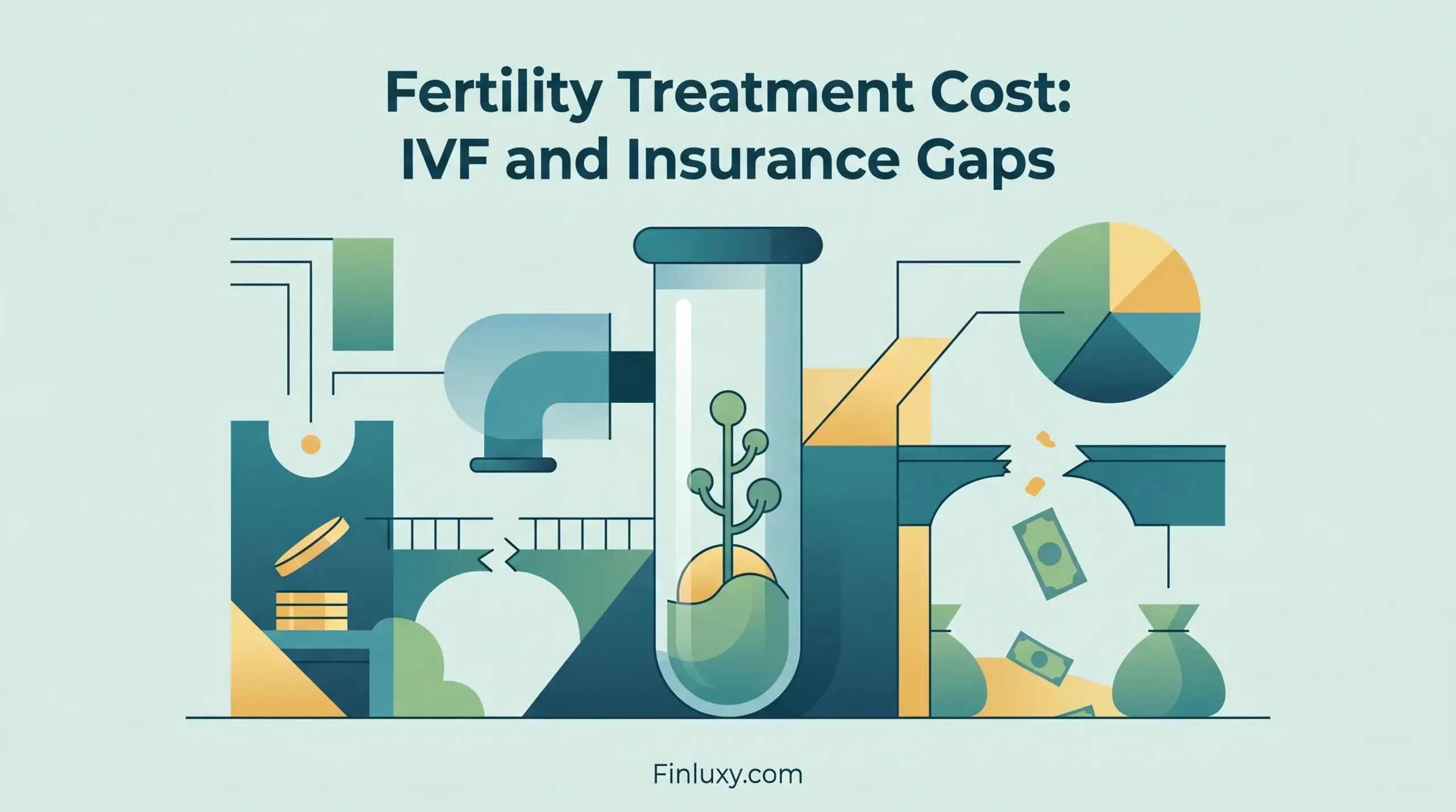 Geometric vector illustration showing a test tube and monetary elements, highlighting fertility treatment costs and insurance gaps. Finluxy.com logo at the bottom.