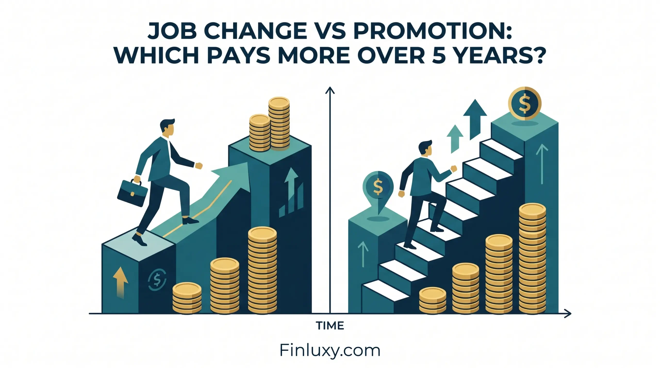 Geometric illustration comparing career paths: changing jobs with external jumps versus internal promotion steps, showing projected growth in income.