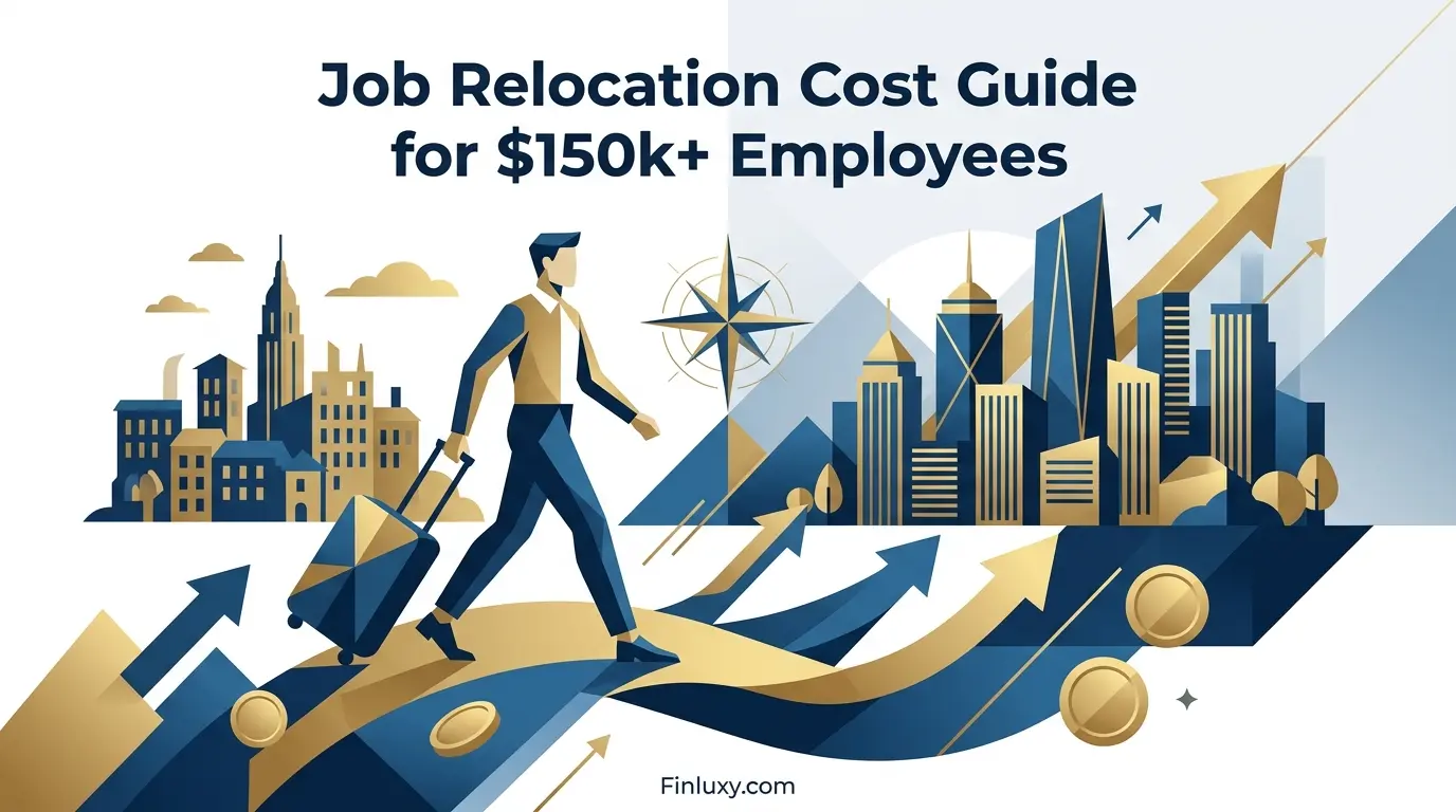 An illustration of a man with a suitcase walking on an arrow path towards a city, symbolizing career relocation for $150k+ employees.