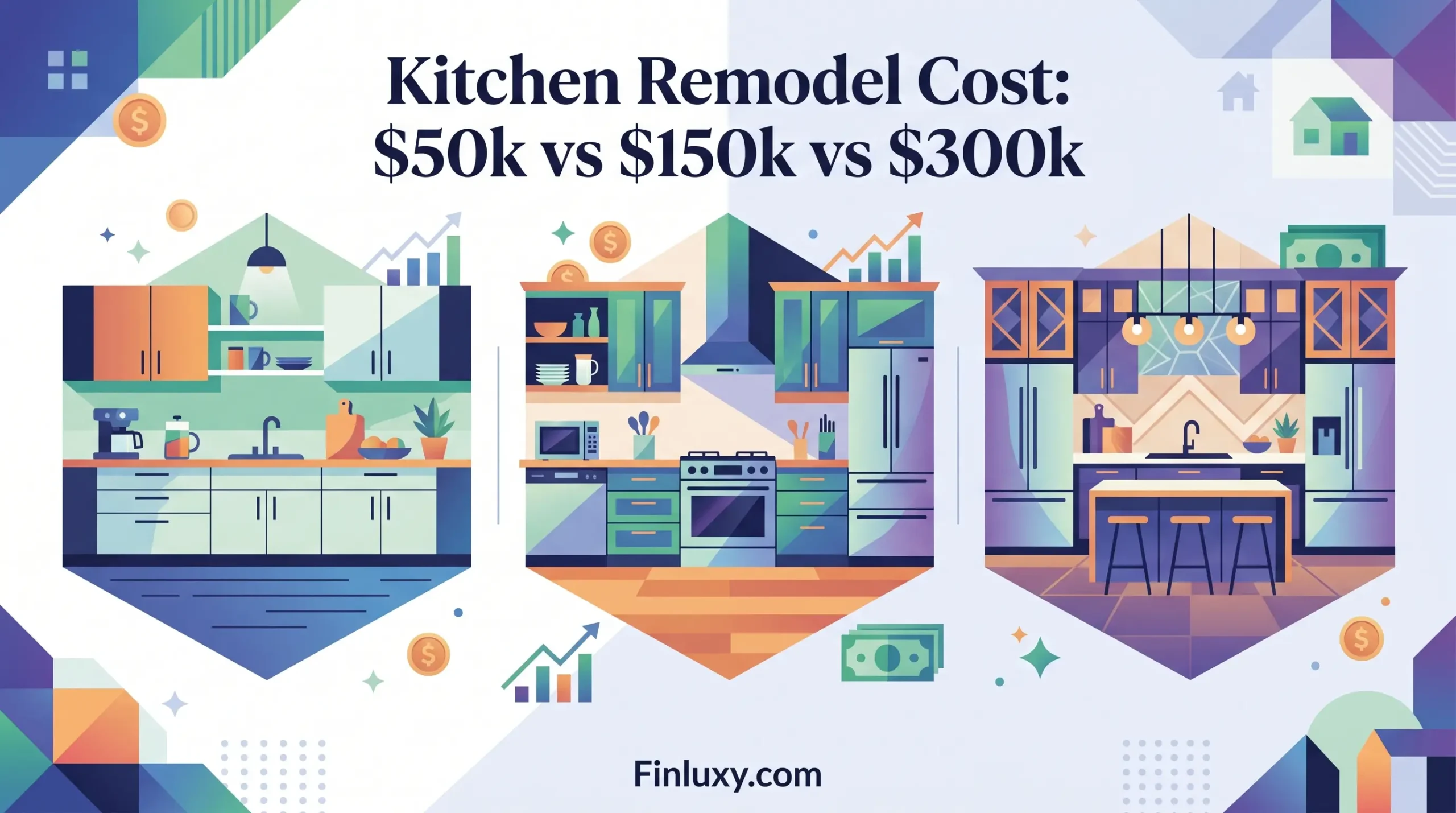Geometric illustration comparing three levels of kitchen remodels with varying premium features, under the title "Kitchen Remodel Cost."