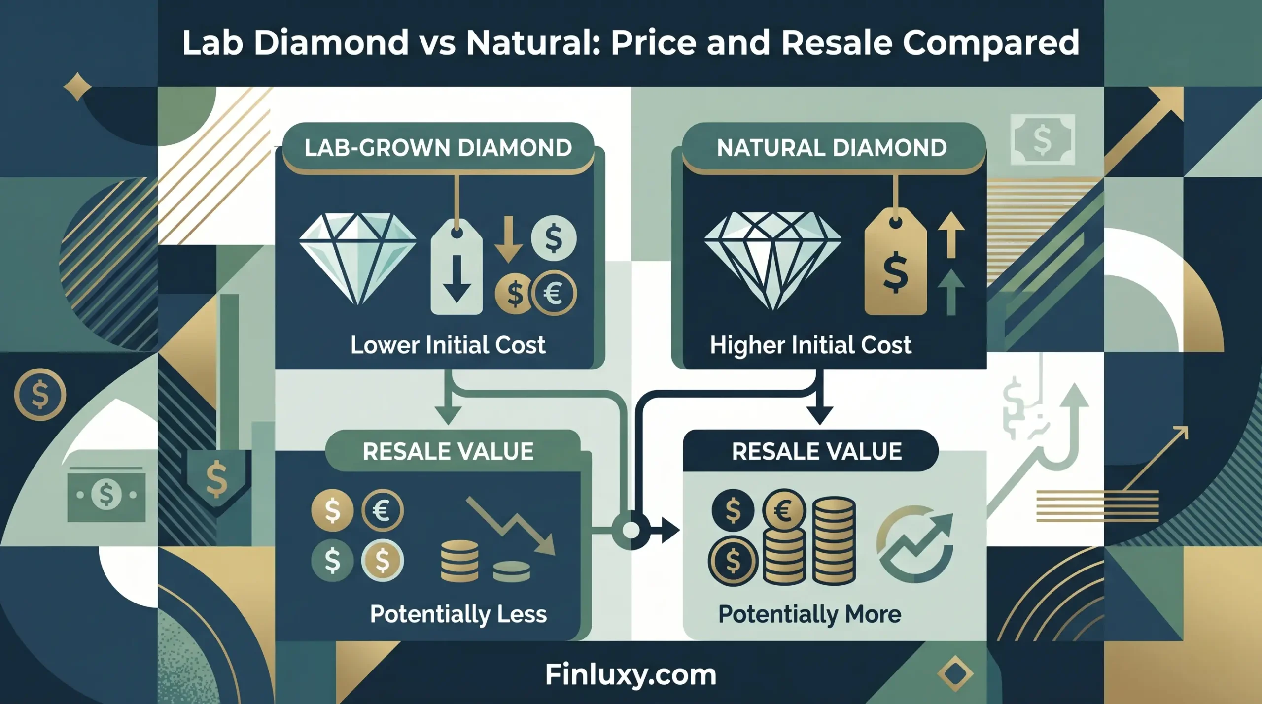 Geometric vector illustration comparing lab-grown and natural diamonds, highlighting lower initial cost but potentially lower resale value for lab diamonds.