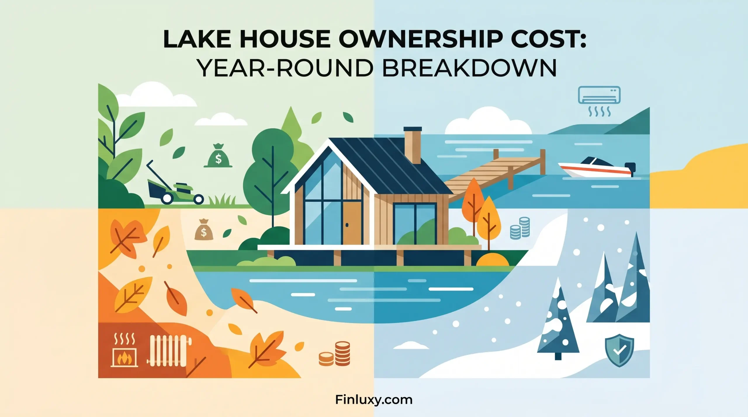 A geometric vector illustration of a lake house divided into four panels representing seasonal maintenance and ownership costs.