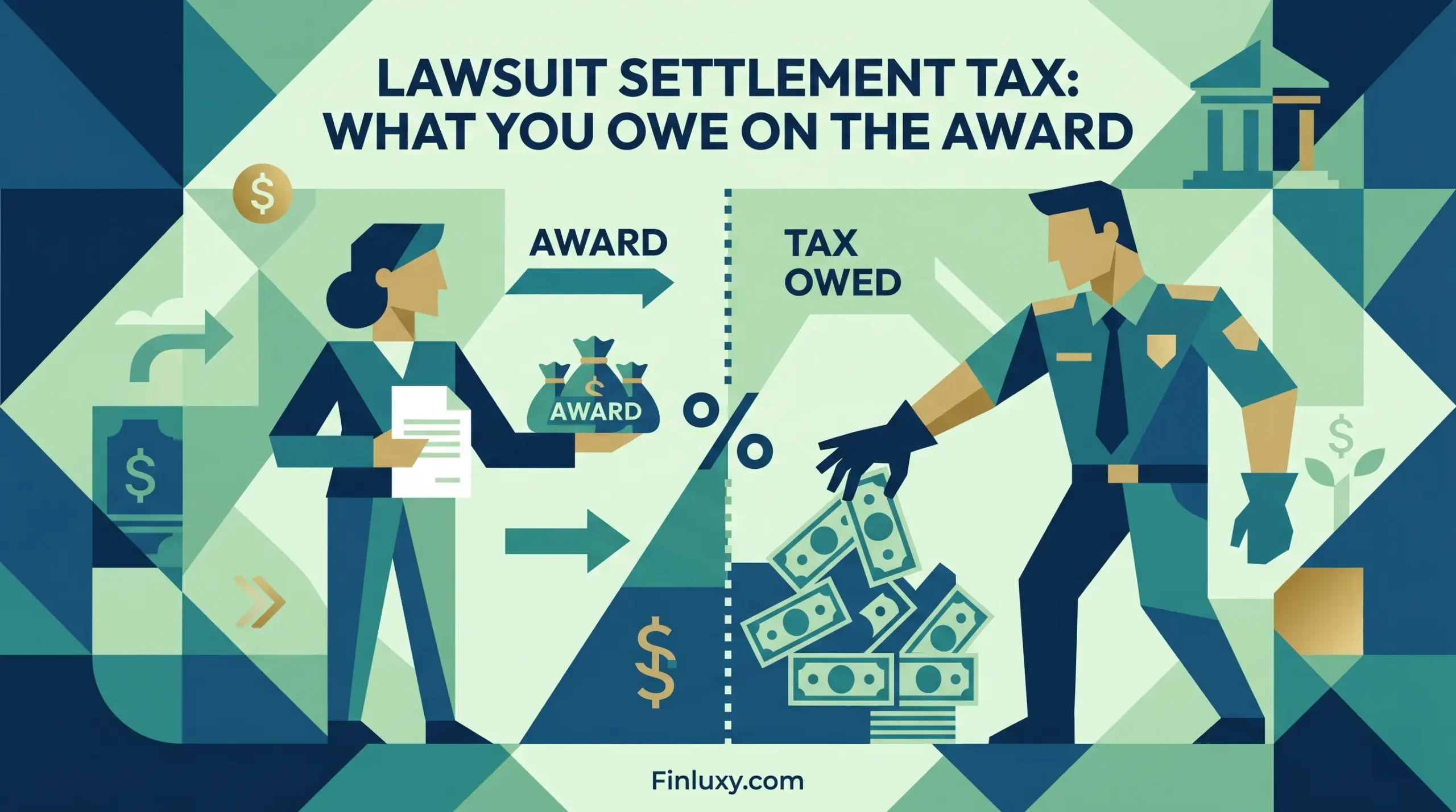 Geometric vector illustration showing a person receiving a settlement award and an official taking a portion for taxes.