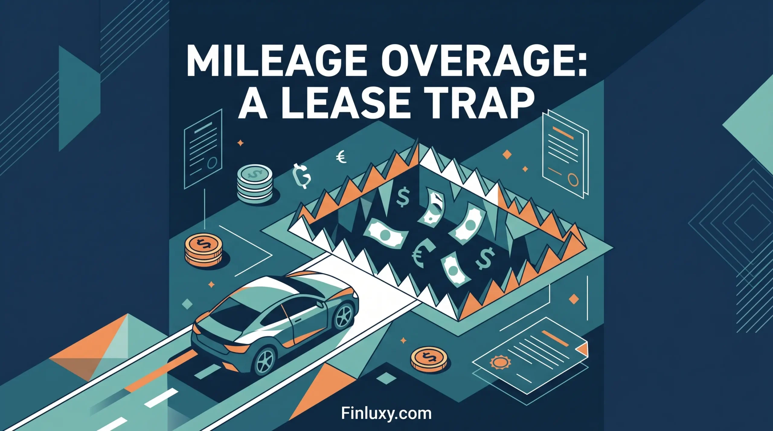 Geometric vector illustration of a car driving toward a spiked pit containing money, surrounded by lease documents.