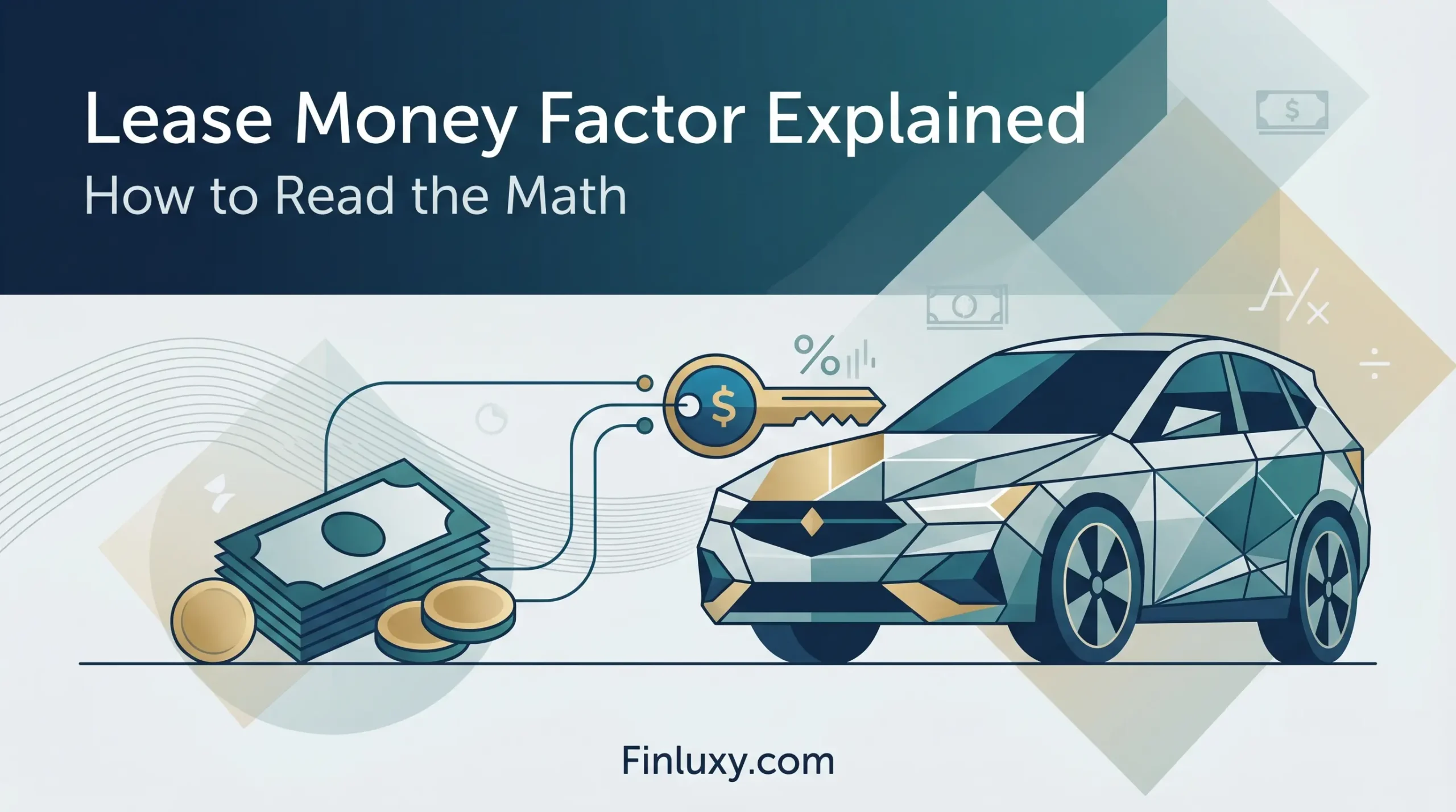 Geometric vector illustration of a modern car alongside stacked cash and a percentage key, explaining lease math.