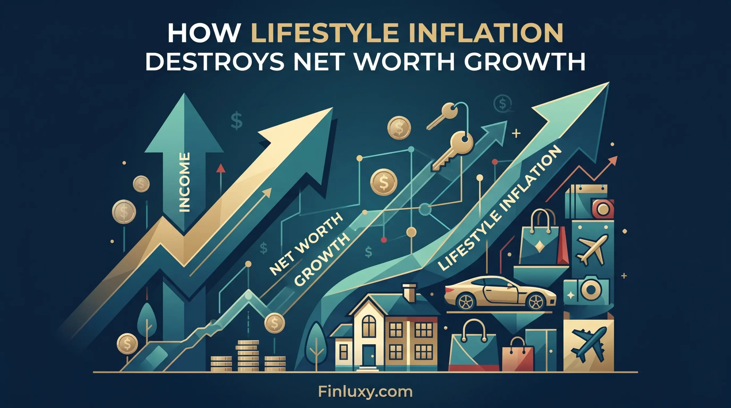 A modern vector illustration for Finluxy.com showing income arrows rising alongside a mountain of lifestyle spending icons like a car, house, and shopping bags.