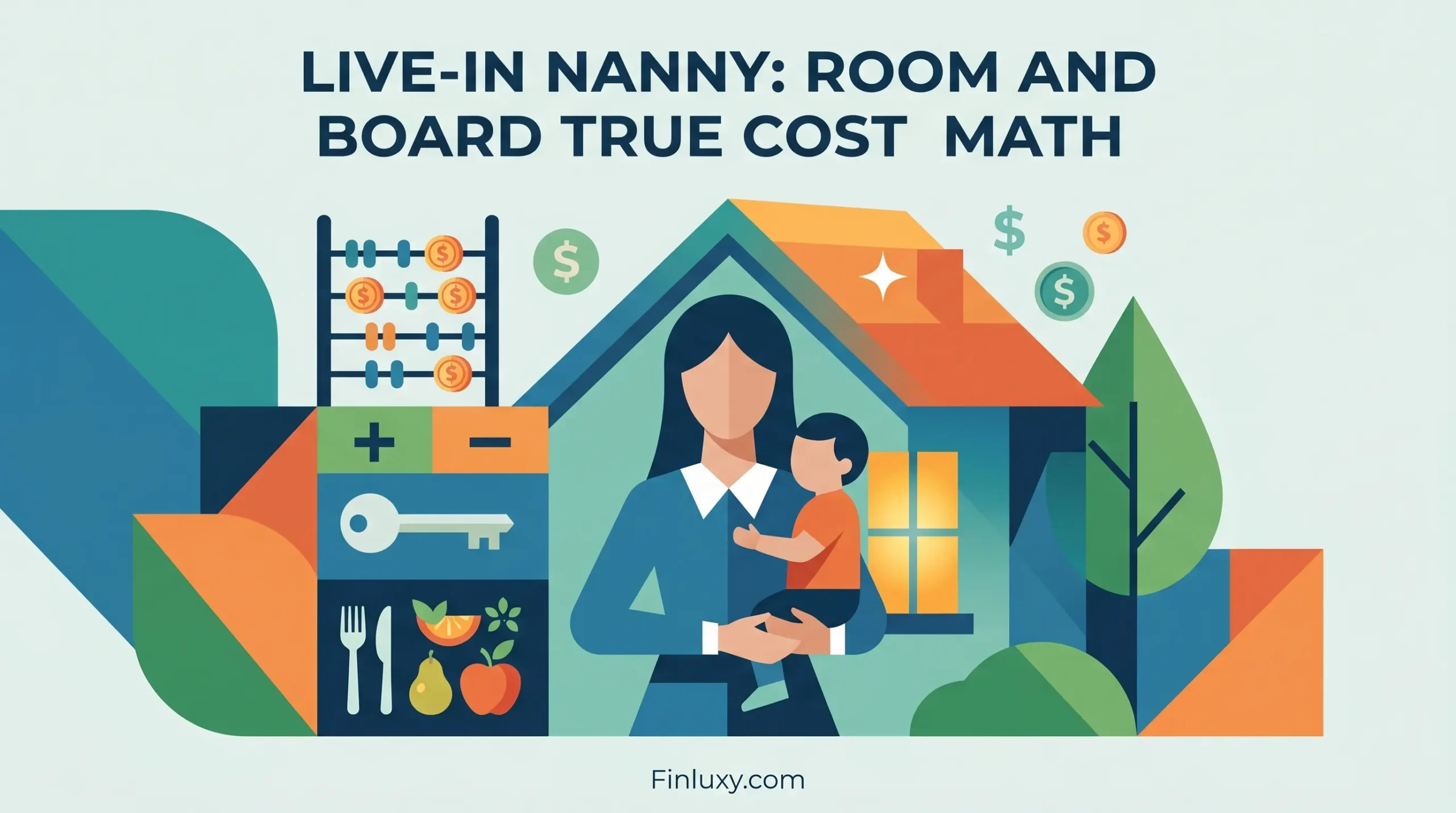 A stylized vector illustration showing a nanny holding a child, accompanied by icons for housing, food, and mathematics.