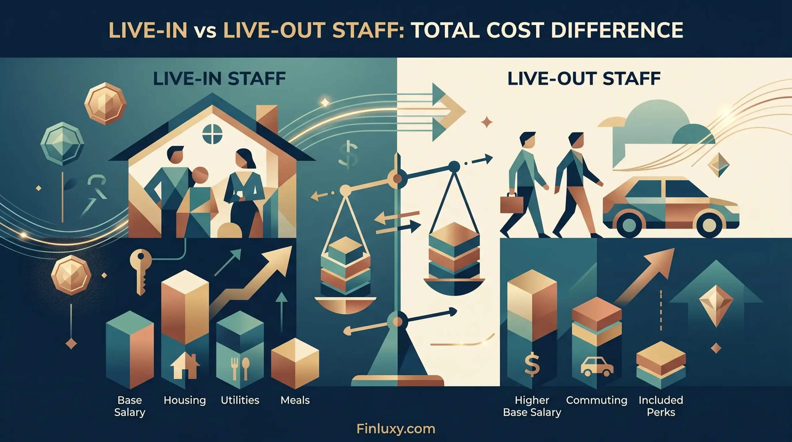 A split geometric illustration comparing the costs of live-in versus live-out household staff.
