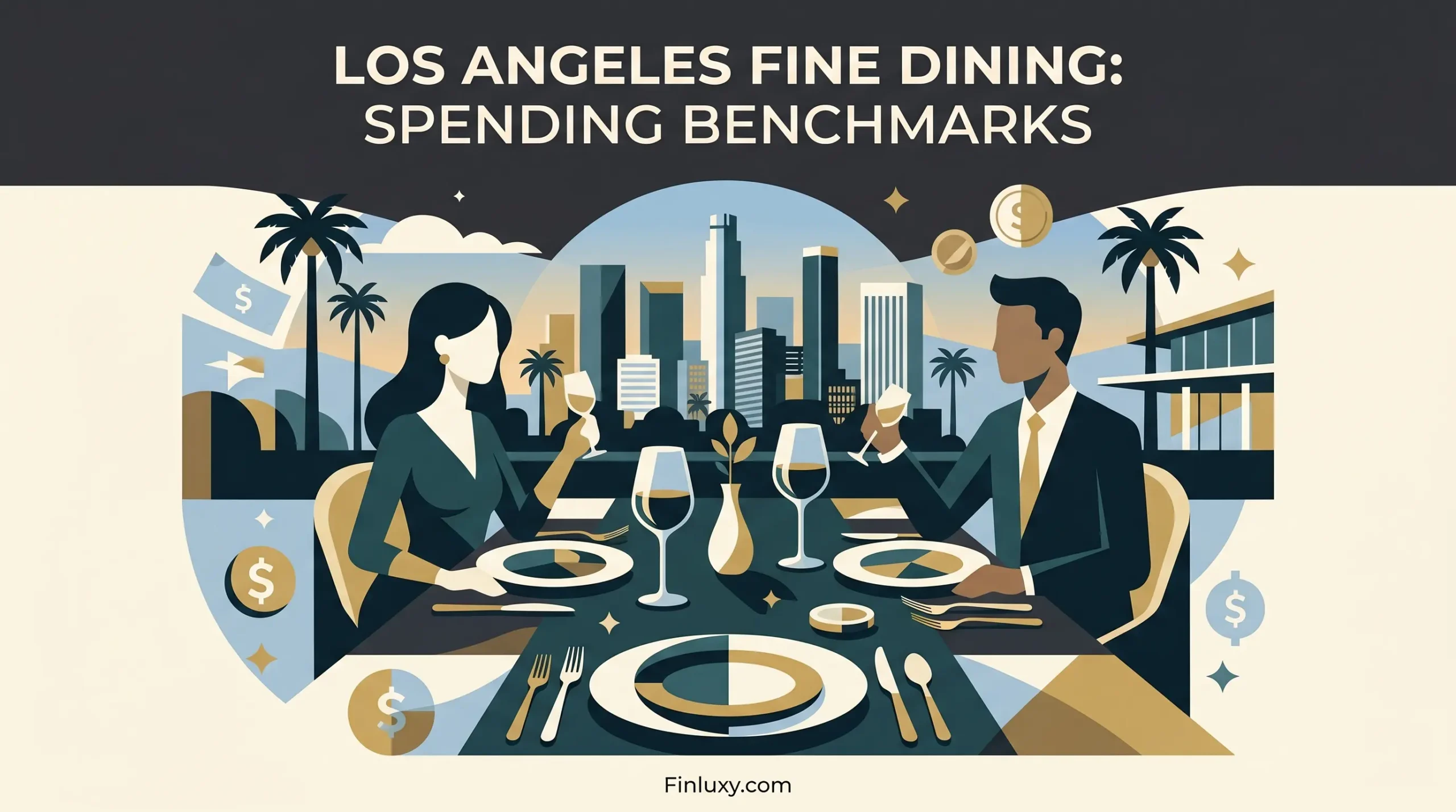 A vector illustration of a couple dining in Los Angeles, with money symbols and the Los Angeles skyline.