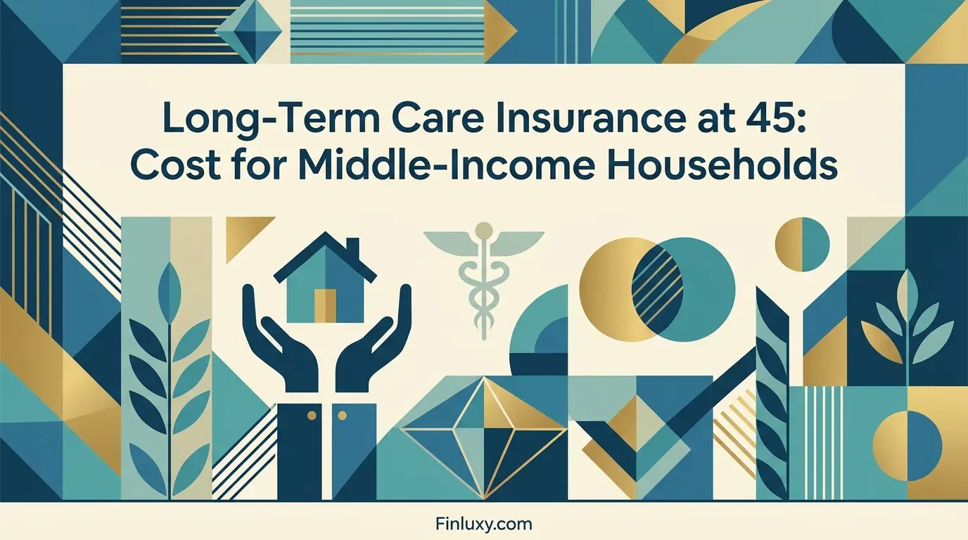 Geometric financial magazine cover featuring a house icon in protective hands and the headline "Long-Term Care Insurance at 45".