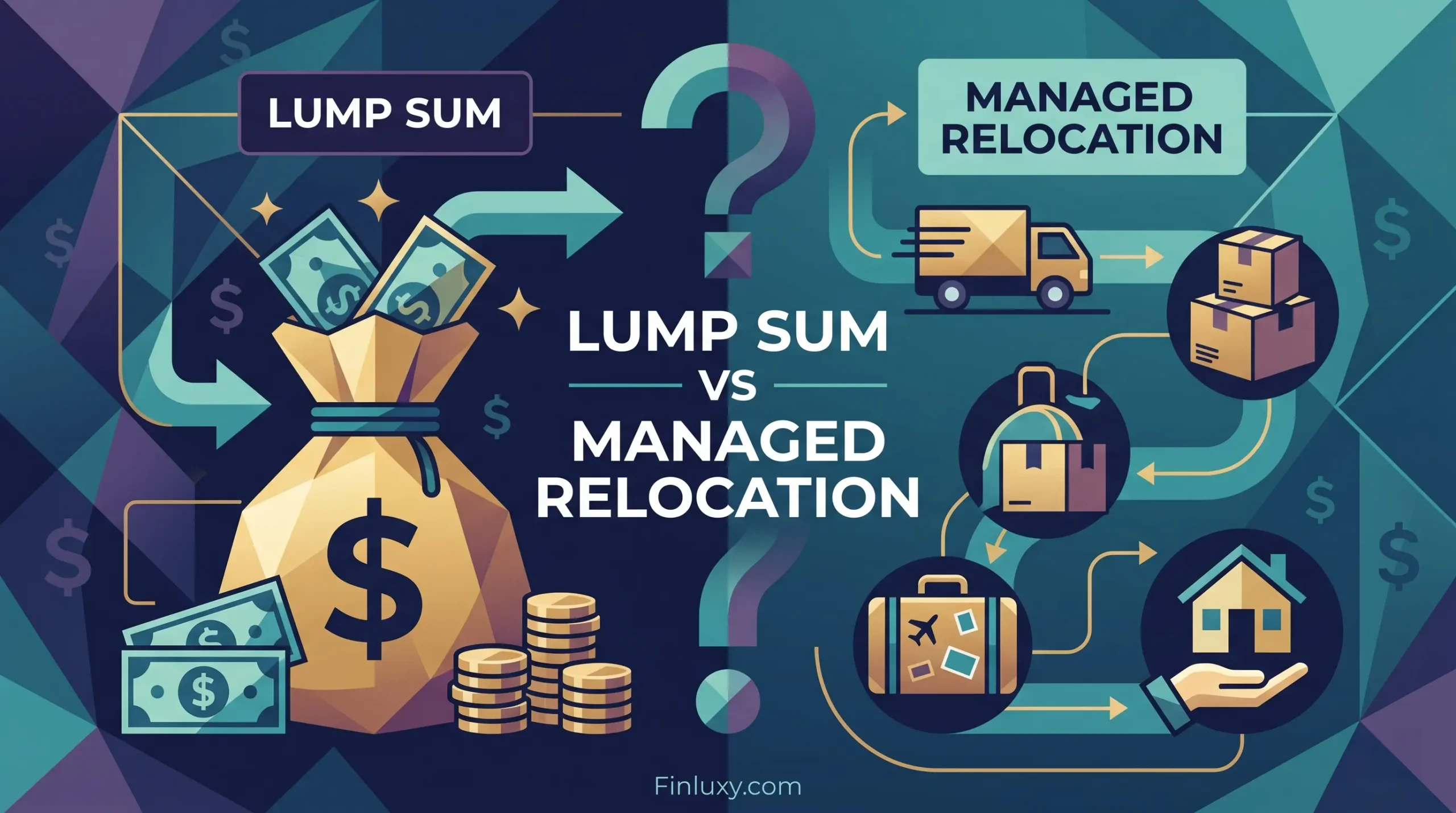 Geometric illustration comparing a cash bag and money for 'Lump Sum' with moving services and boxes for 'Managed Relocation'.