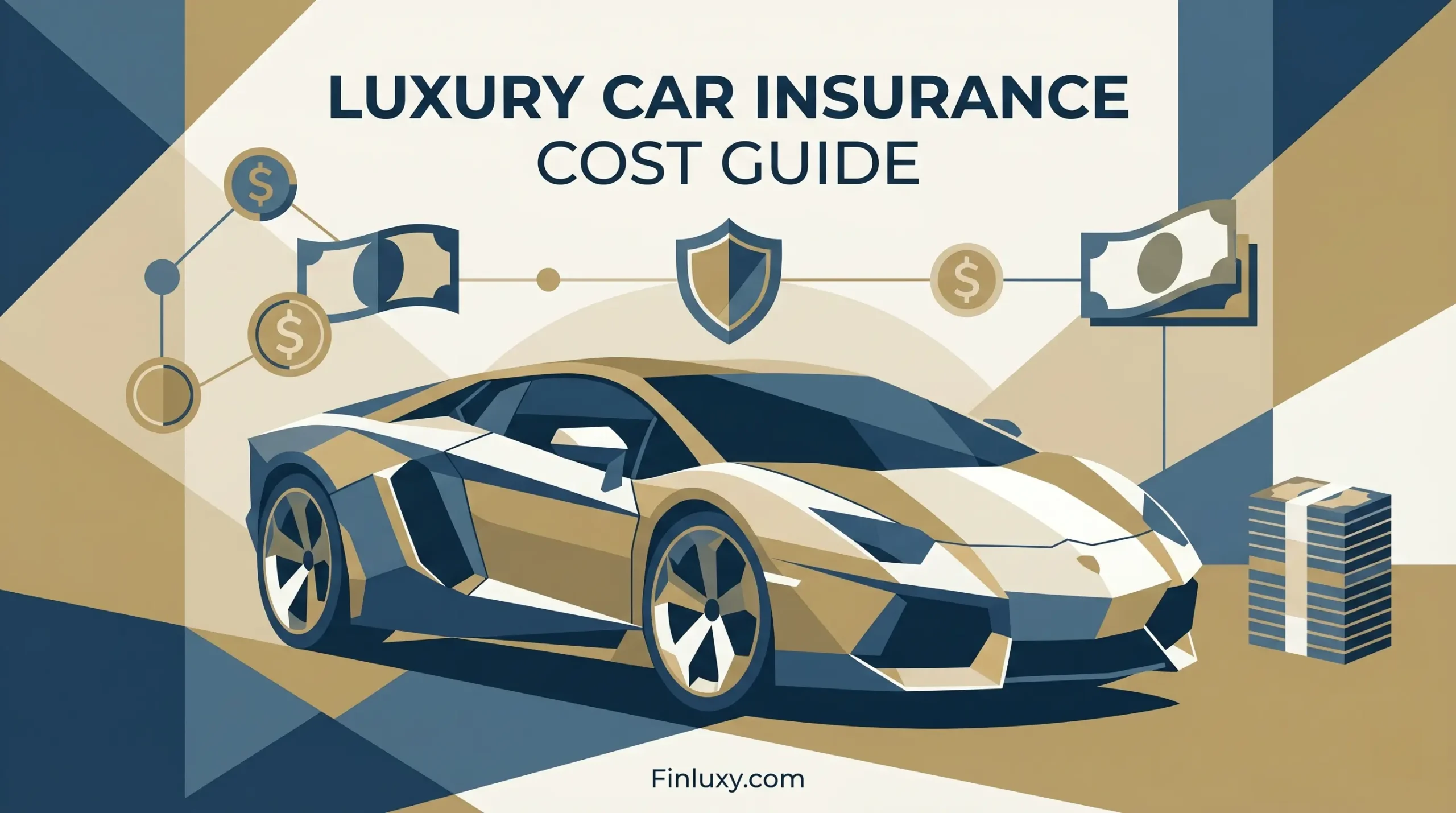 A geometric vector illustration of a luxury sports car, a shield, and stacks of money for Finluxy.com.