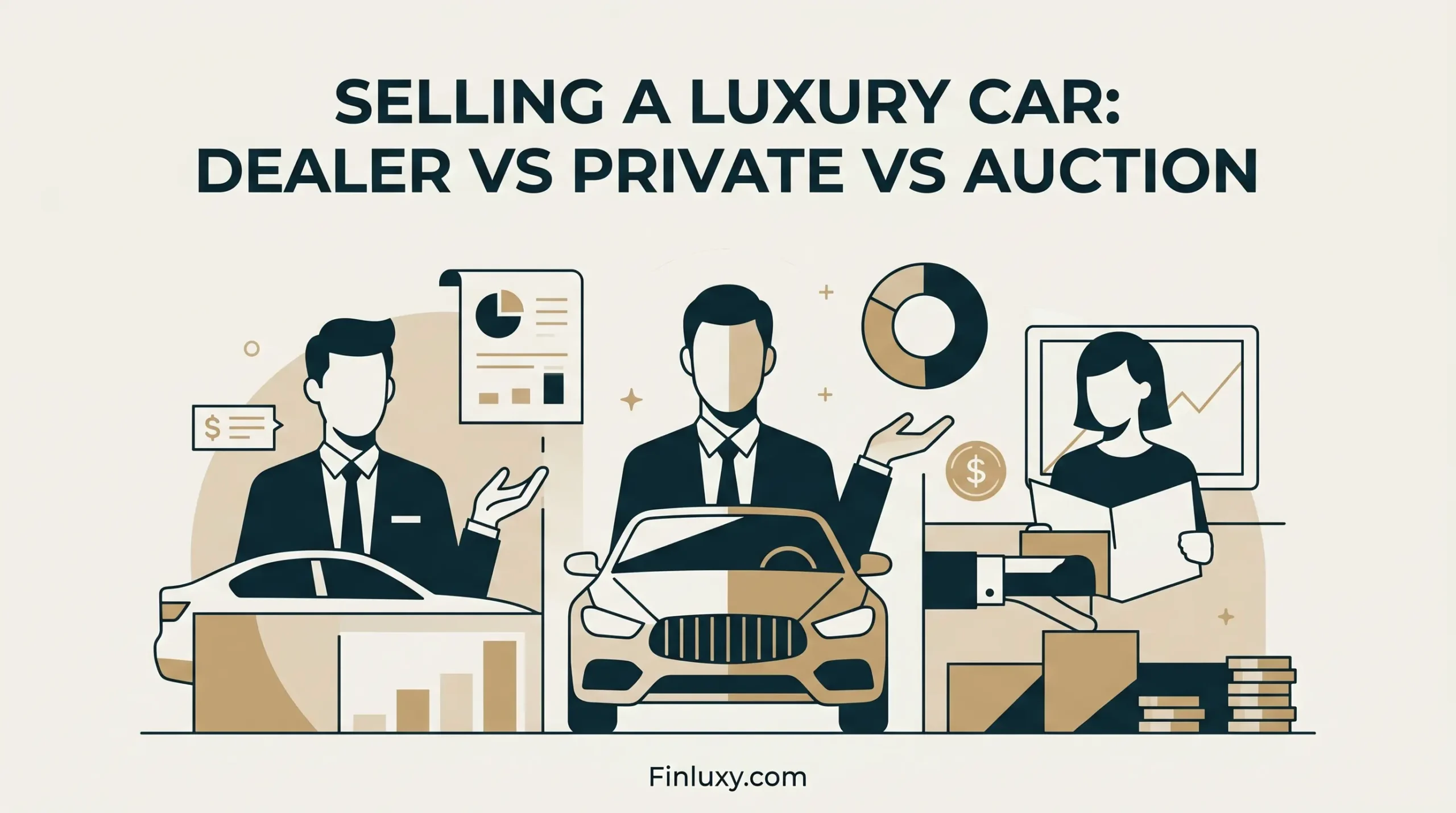 Minimalist geometric vector illustration comparing dealer, private, and auction methods for selling a luxury car, with Finluxy.com logo.