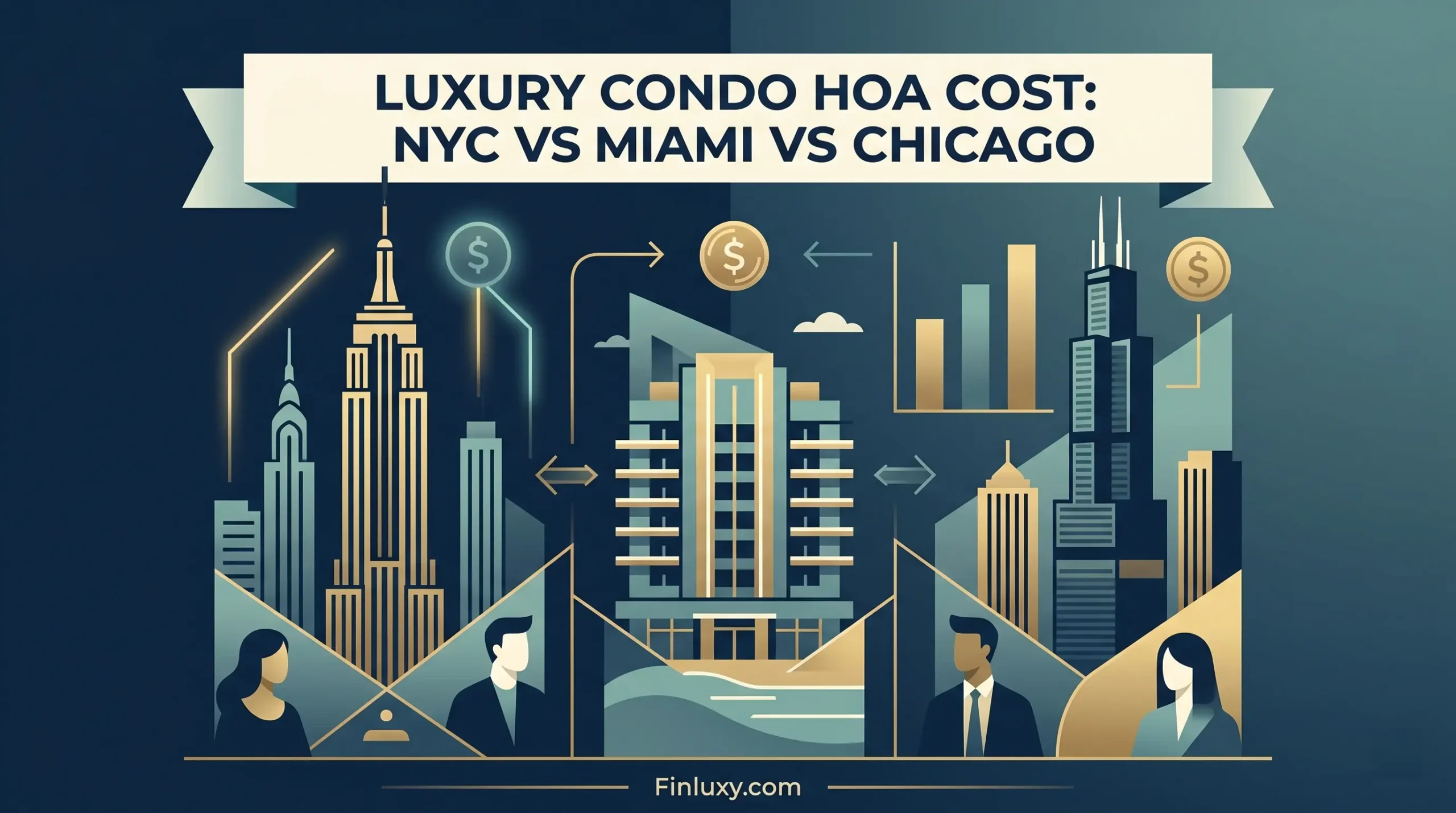 Geometric vector illustration comparing city skylines and luxury condos for an article titled "Luxury Condo HOA Cost: NYC vs Miami vs Chicago."