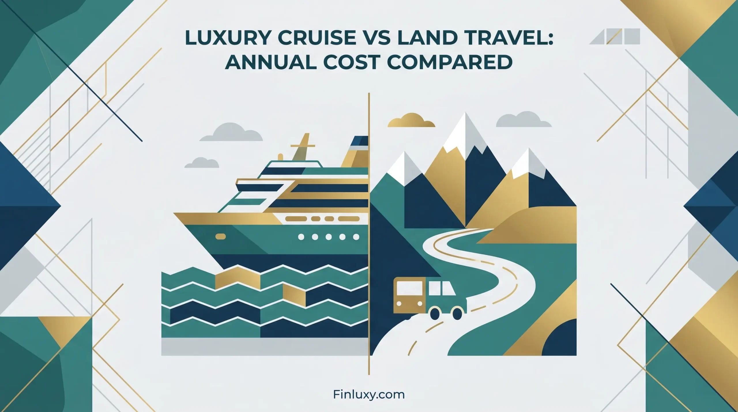 Geometric vector illustration comparing a luxury cruise ship on ocean waves to a car driving through scenic mountains.