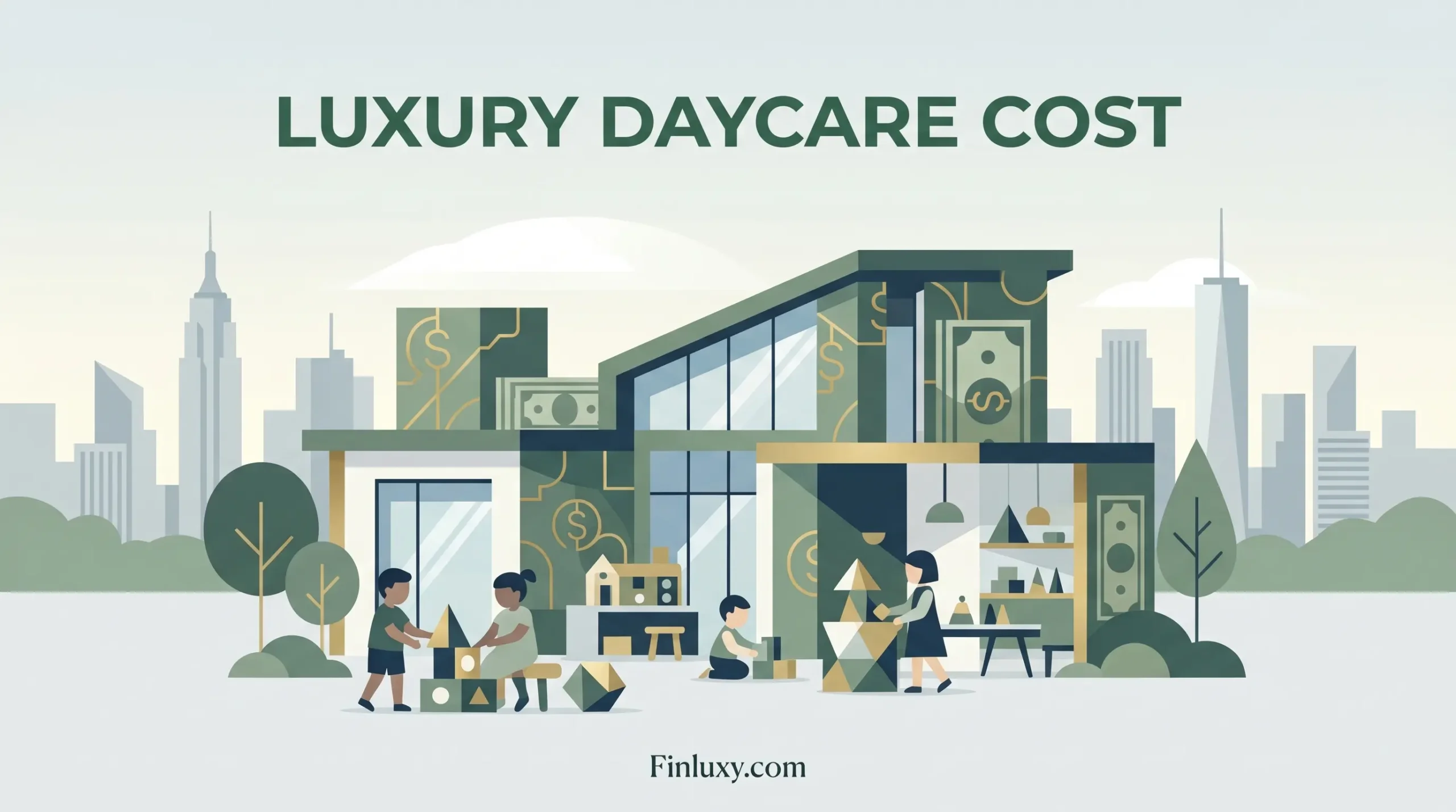A geometric vector illustration shows children playing in a modern daycare made of money, with a US city skyline in the background.