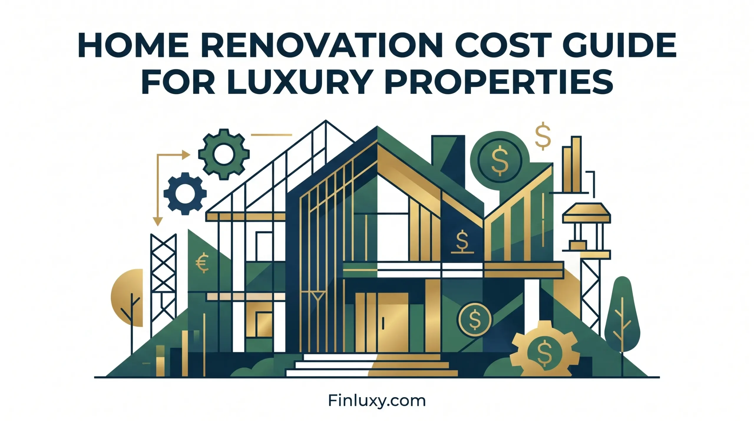 A modern geometric illustration of a luxury house under renovation, featuring gears and money symbols with text reading 'Home Renovation Cost Guide for Luxury Properties' and Finluxy.com.