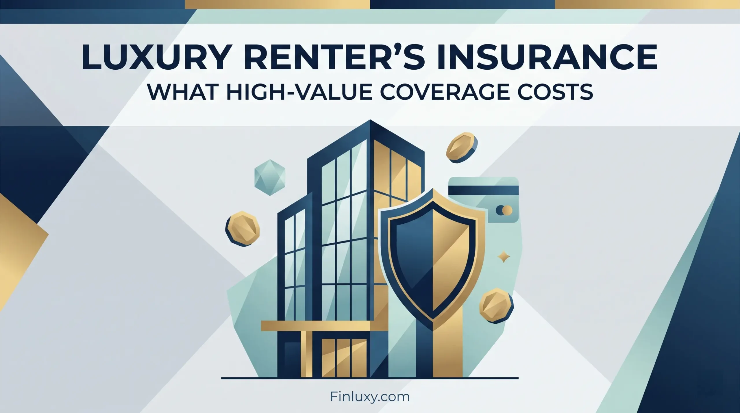 Minimalist geometric illustration of a modern high-rise building protected by a large shield, representing luxury renter's insurance.