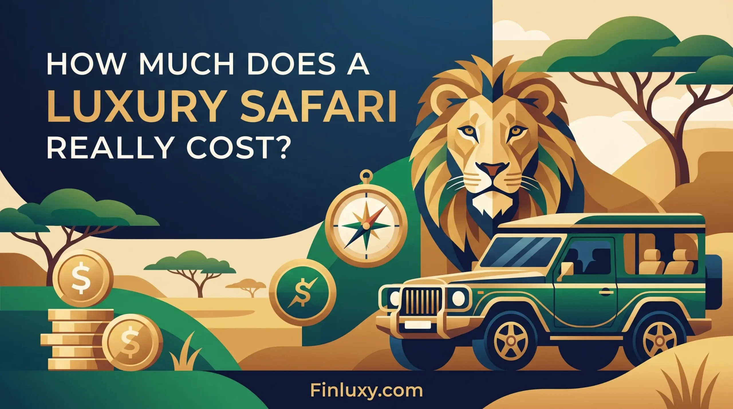 Geometric vector illustration of a safari landscape with a lion, safari vehicle, compass, and gold coins. Text reads: "How Much Does a Luxury Safari Really Cost?"