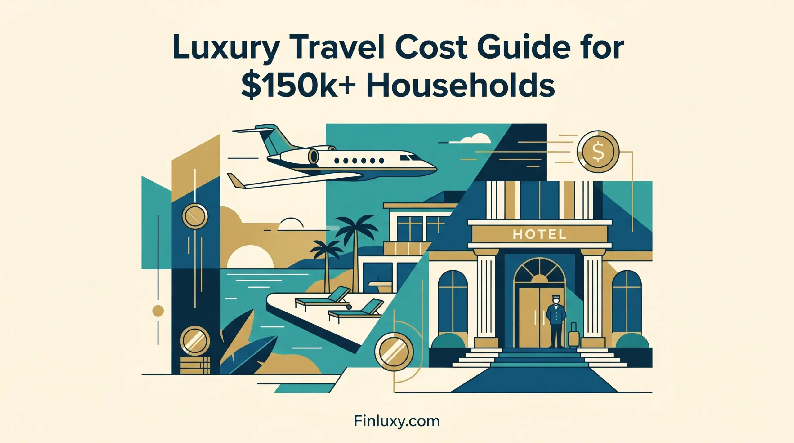 Geometric vector illustration of a private jet, luxury resort, and hotel entrance with article headline and Finluxy.com logo.