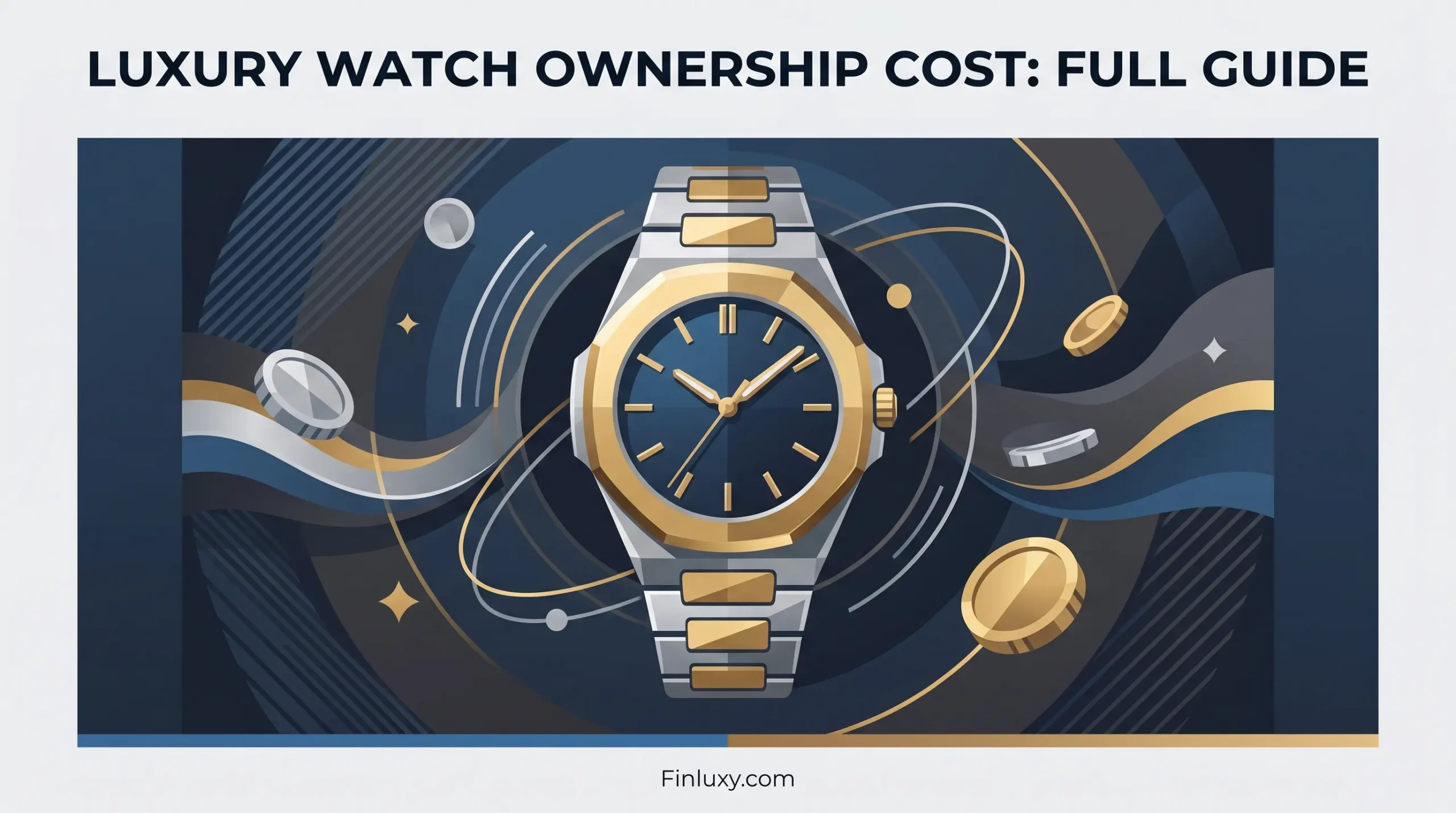 Geometric vector illustration of a gold and silver luxury watch surrounded by abstract floating coins on a dark blue background.