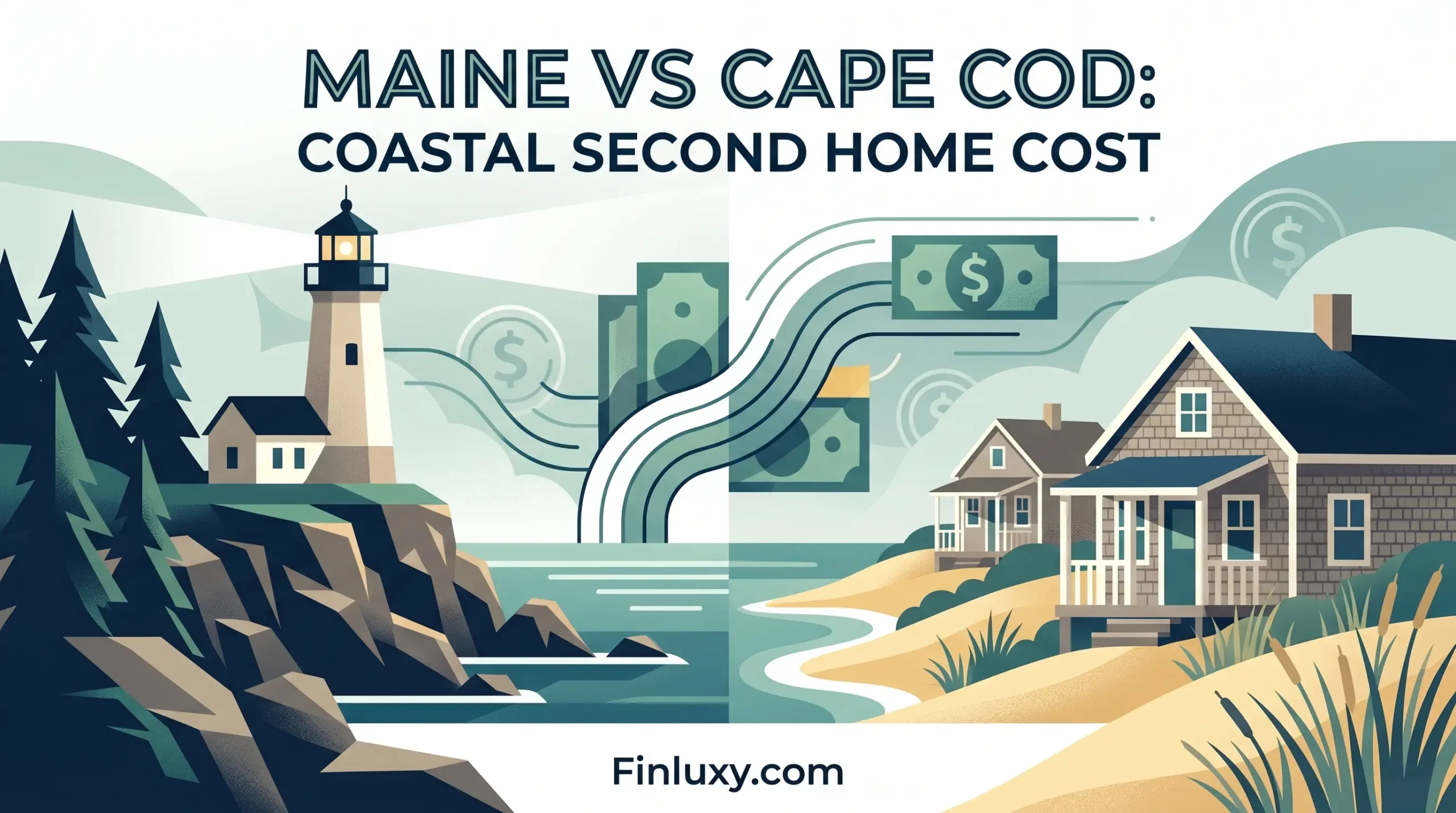 Split geometric illustration comparing a rocky Maine lighthouse and a Cape Cod beach house, featuring subtle floating currency.