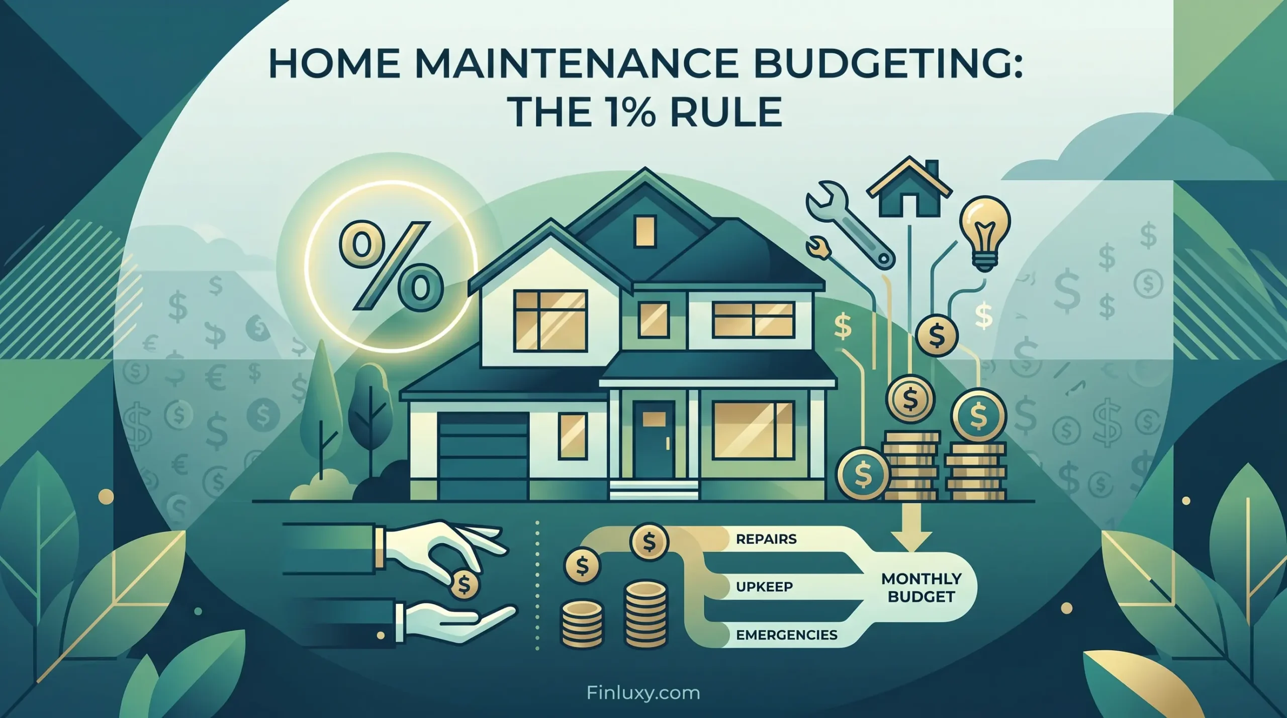 Geometric illustration showing a house, money, tools, and a percentage sign for the 1% home maintenance budgeting rule.