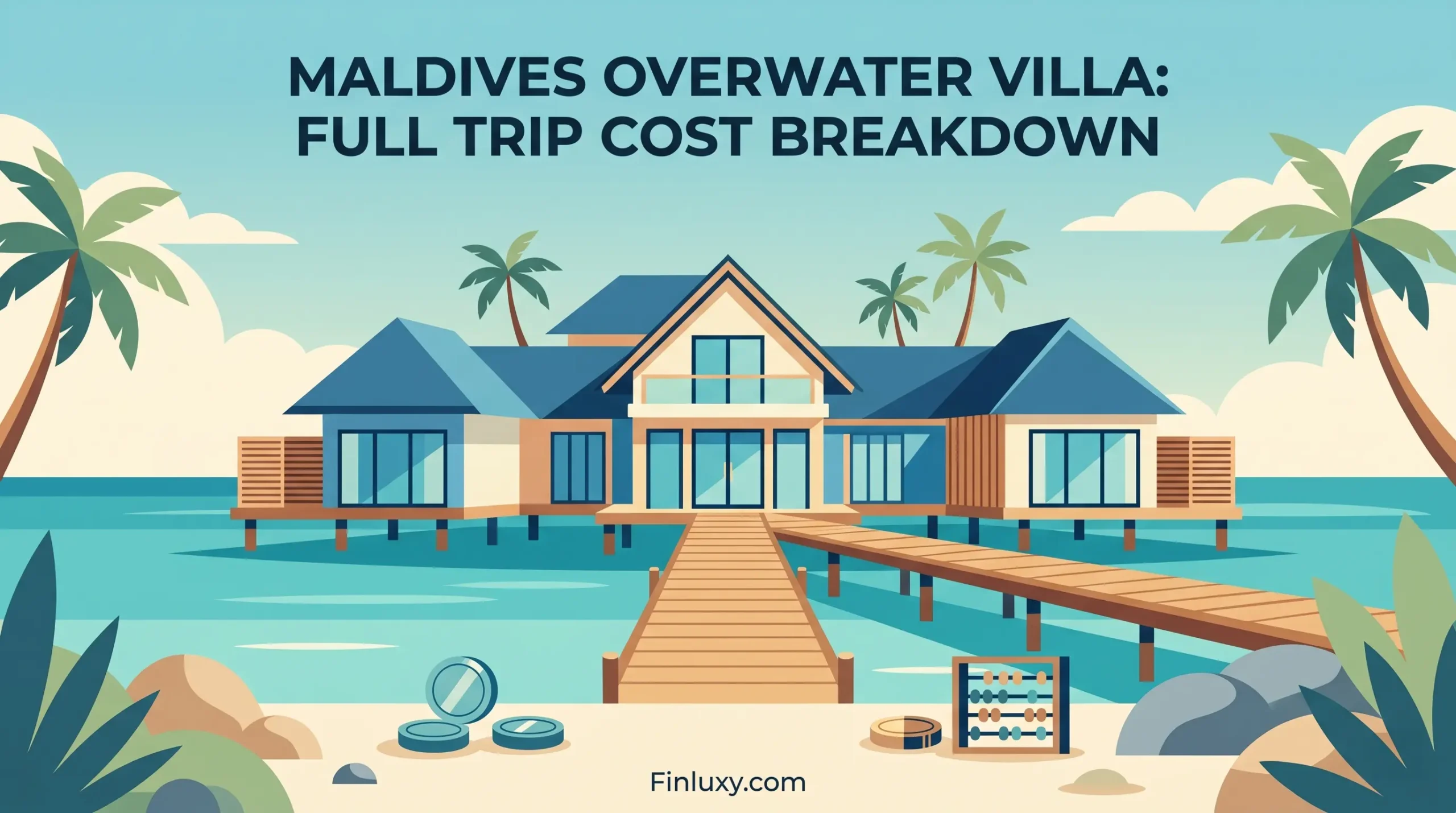 Geometric vector illustration of a luxury Maldives overwater villa with subtle finance elements on a beach, featuring the Finluxy headline.