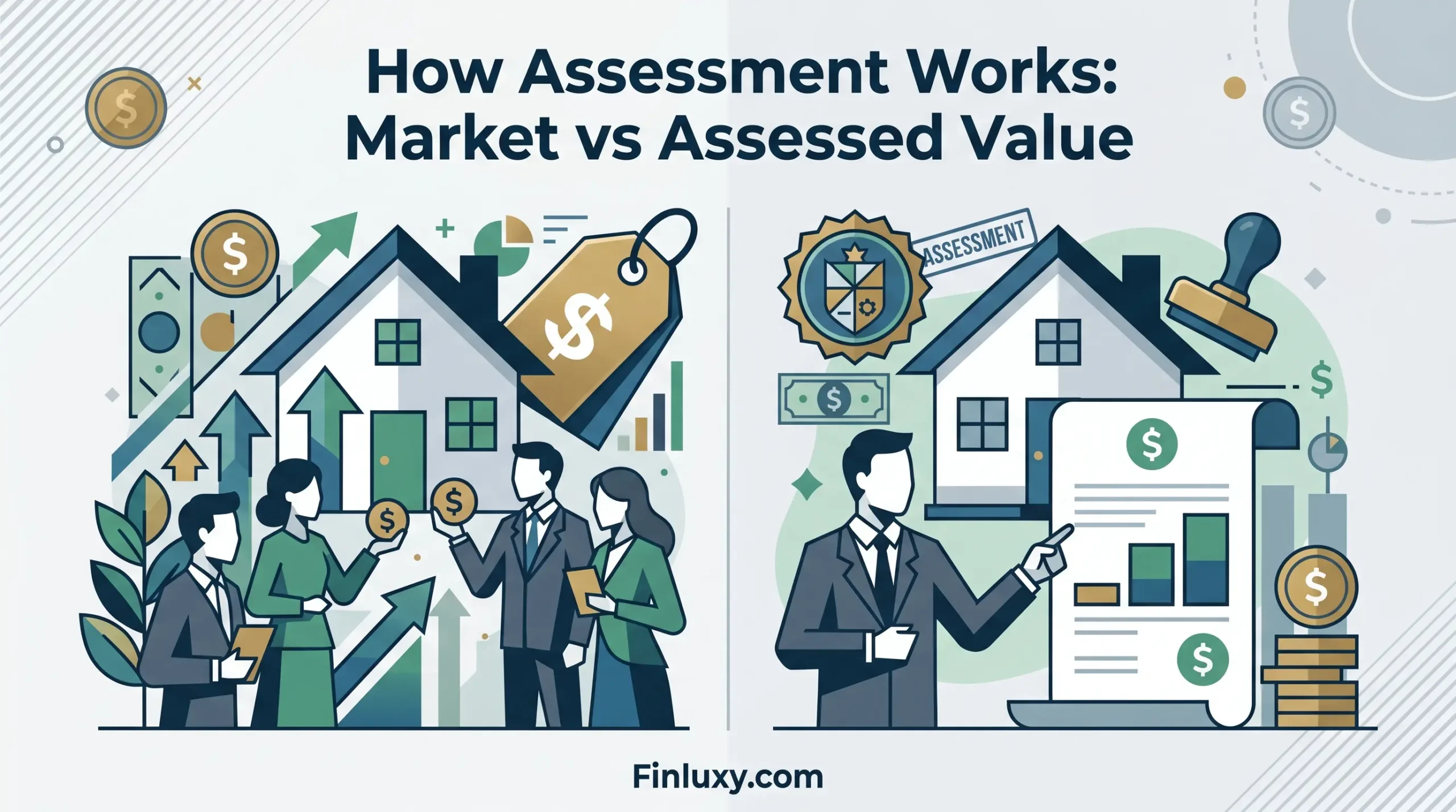 A modern geometric illustration contrasting a home's market value with price tags against its official assessed tax value.