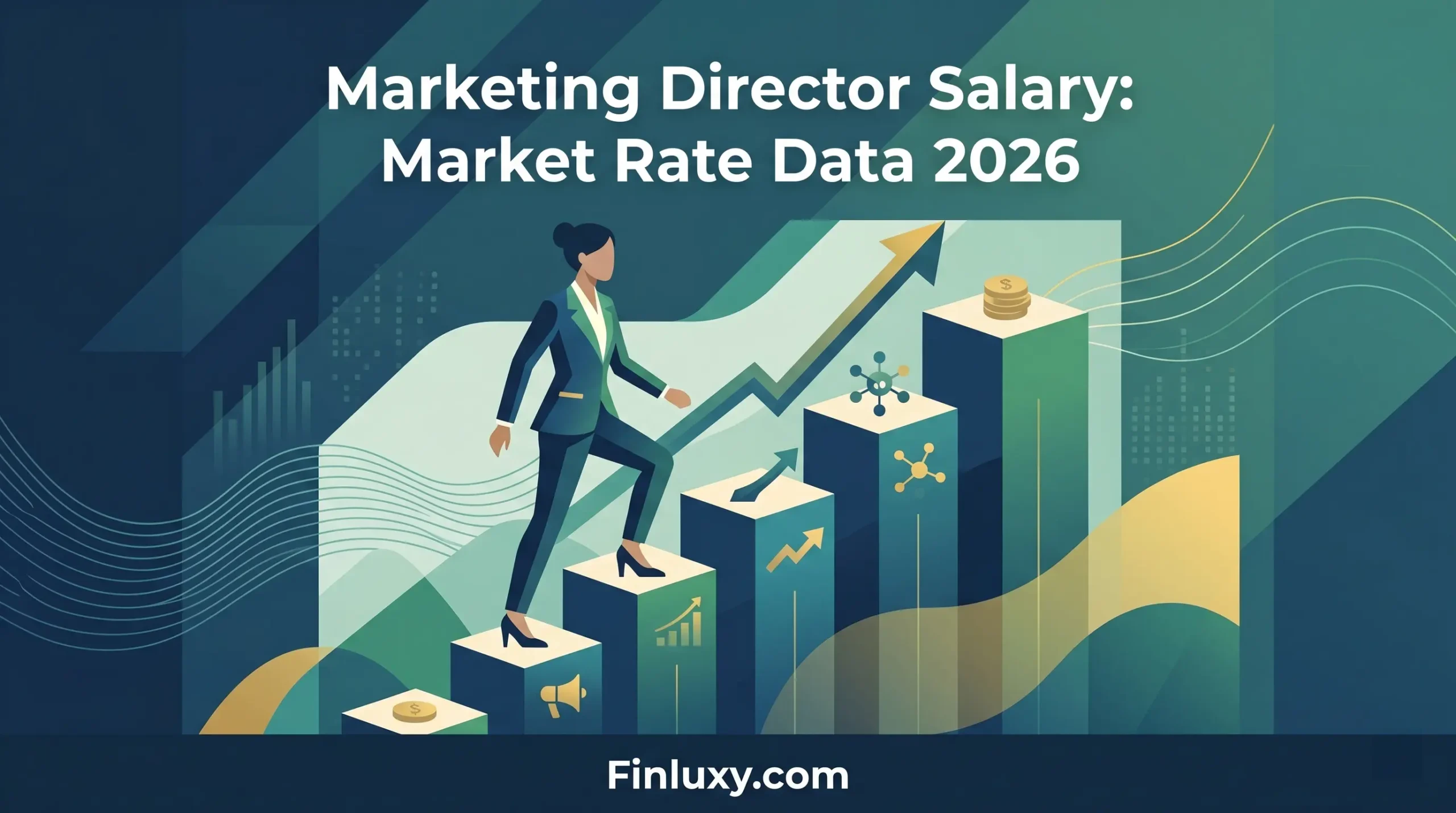 Geometric vector illustration of a businesswoman climbing a rising bar chart, with the text "Marketing Director Salary: Market Rate Data 2026."