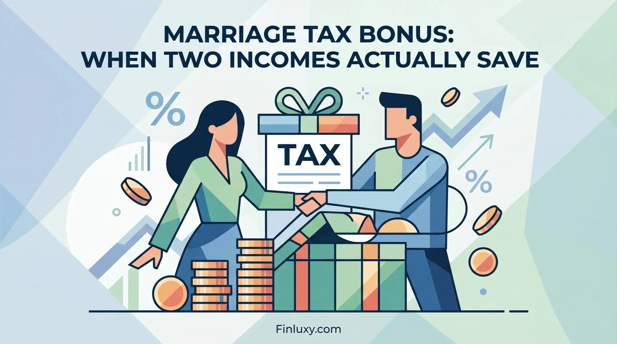 Geometric illustration of a couple shaking hands with tax documents, coins, and 'Finluxy.com' footer.