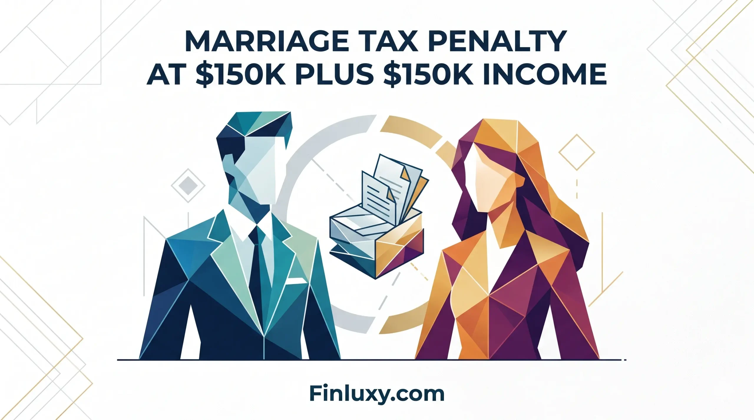 Geometric vector illustration of a couple with a stack of papers, illustrating the marriage tax penalty.