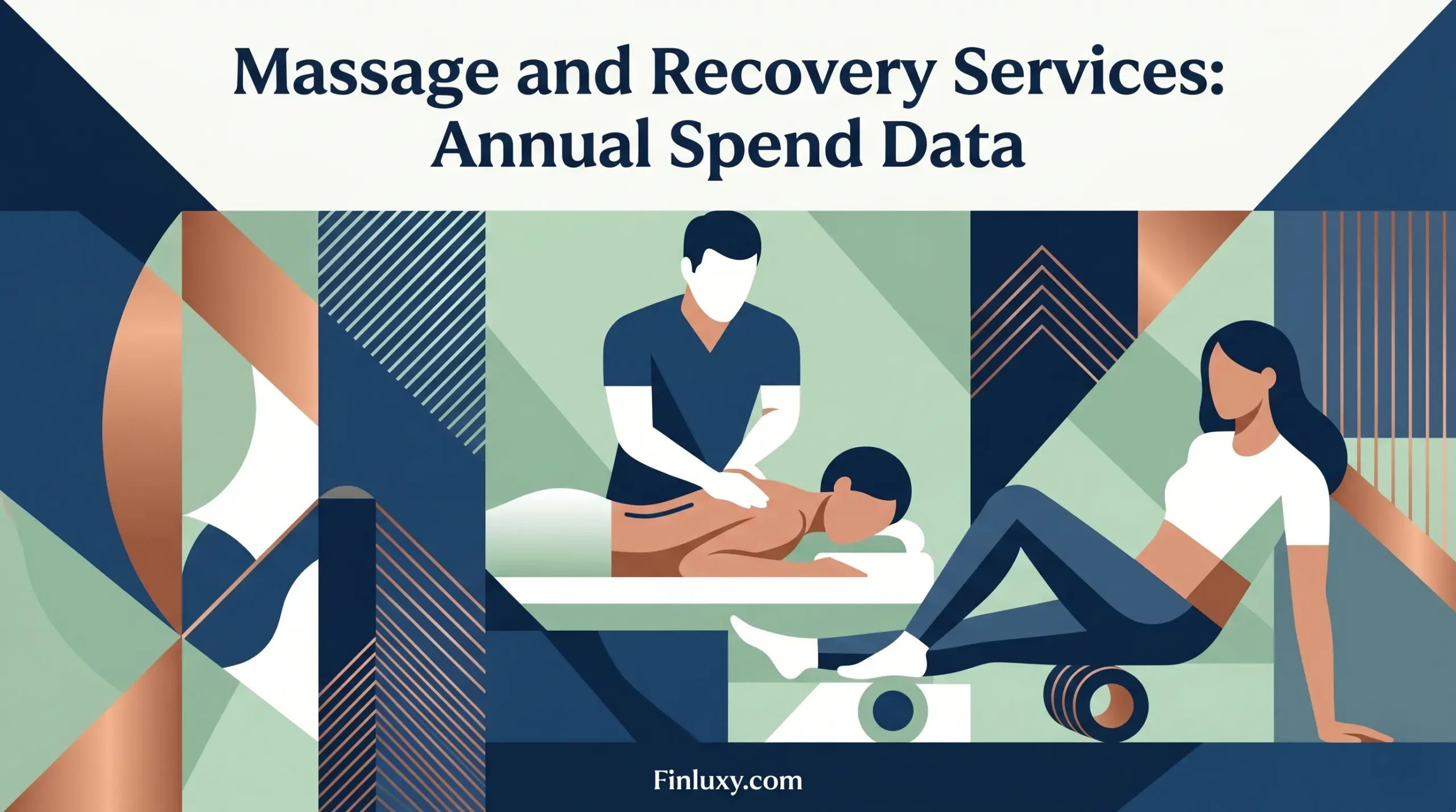 Geometric vector illustration of wellness recovery, featuring a massage and foam rolling, with the headline "Massage and Recovery Services: Annual Spend Data".