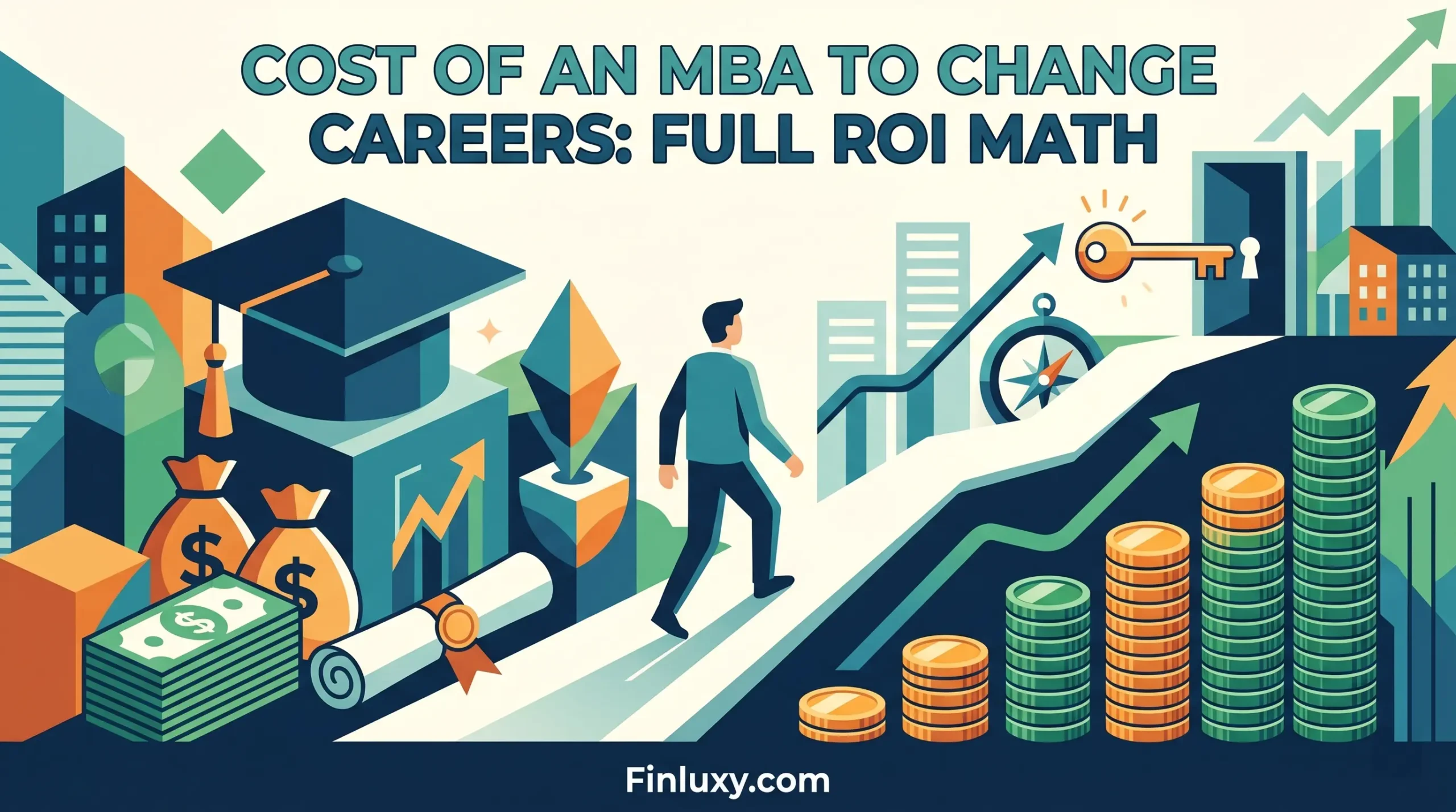 A geometric vector illustration shows a professional walking from a stack of money and a graduation cap towards growing coin piles and a career-unlocking key.