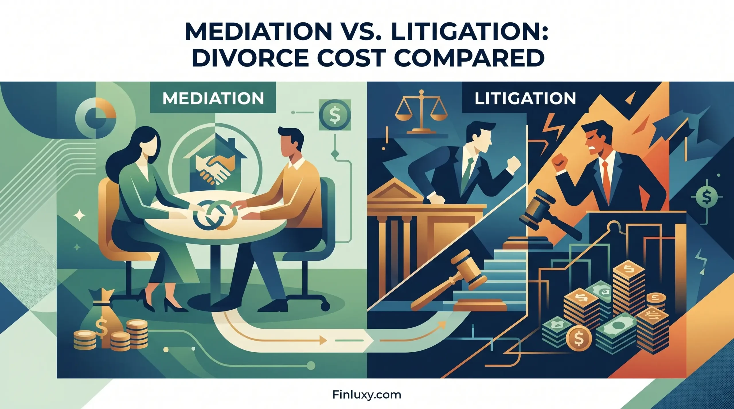 A split geometric illustration contrasting peaceful, low-cost divorce mediation with aggressive, expensive courtroom litigation, including Finluxy.com branding.