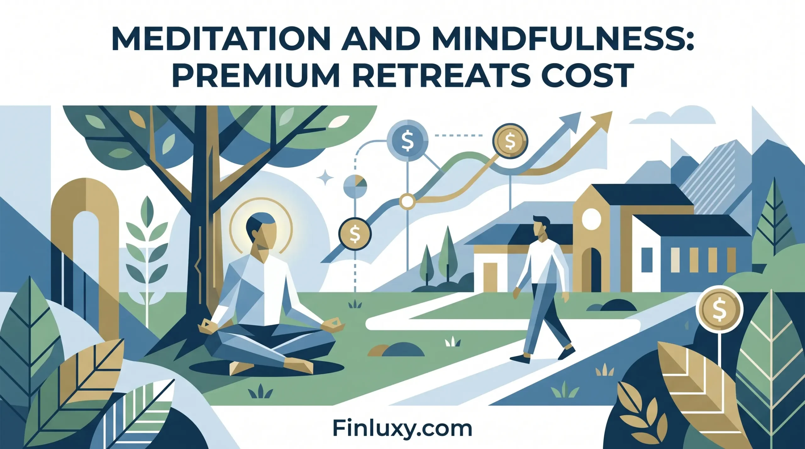 Geometric illustration of a person meditating near a retreat, with subtle financial symbols and the Finluxy logo.