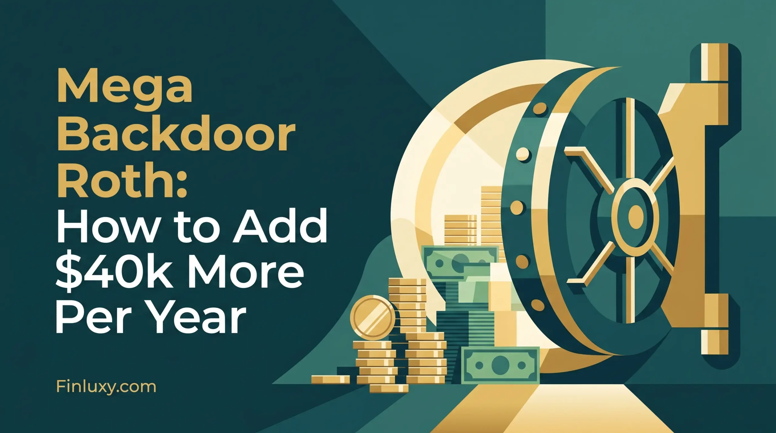 Geometric vector art shows a massive open vault door and keys for a "Mega Backdoor Roth" strategy.