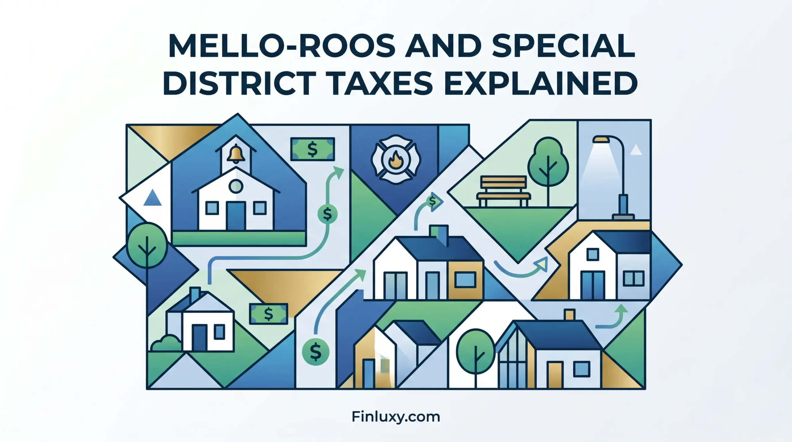 A geometric vector illustration showing how community taxes fund local infrastructure like schools and fire stations.