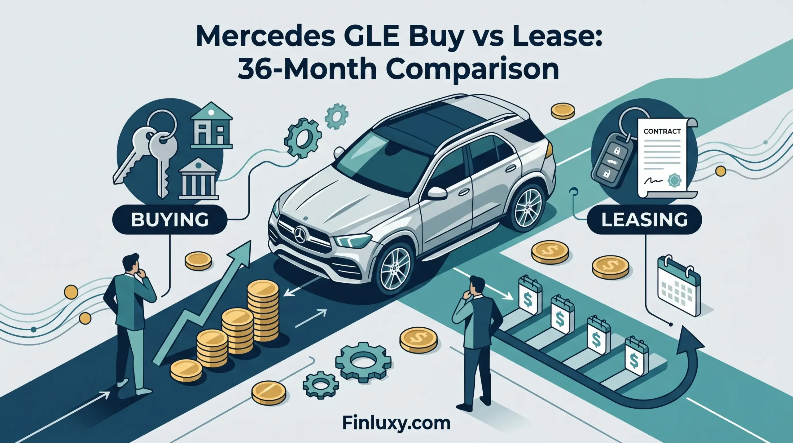 An isometric illustration contrasting the financial paths of buying and leasing a Mercedes GLE.