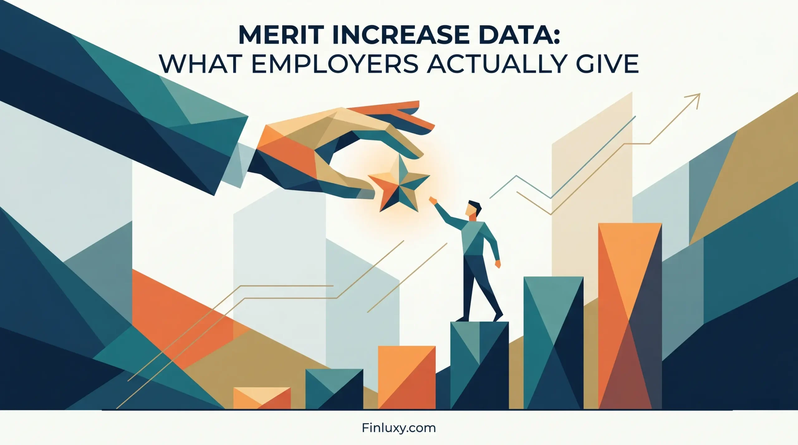 Geometric illustration of a large hand giving a star to a professional on a growth chart, signifying merit.