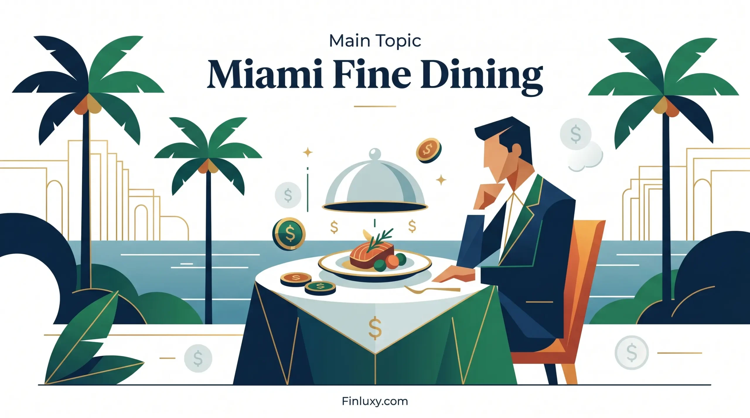 A minimalist geometric illustration for Finluxy.com showing a man in a suit dining by the beach in Miami, featuring abstract palm trees and dollar signs.