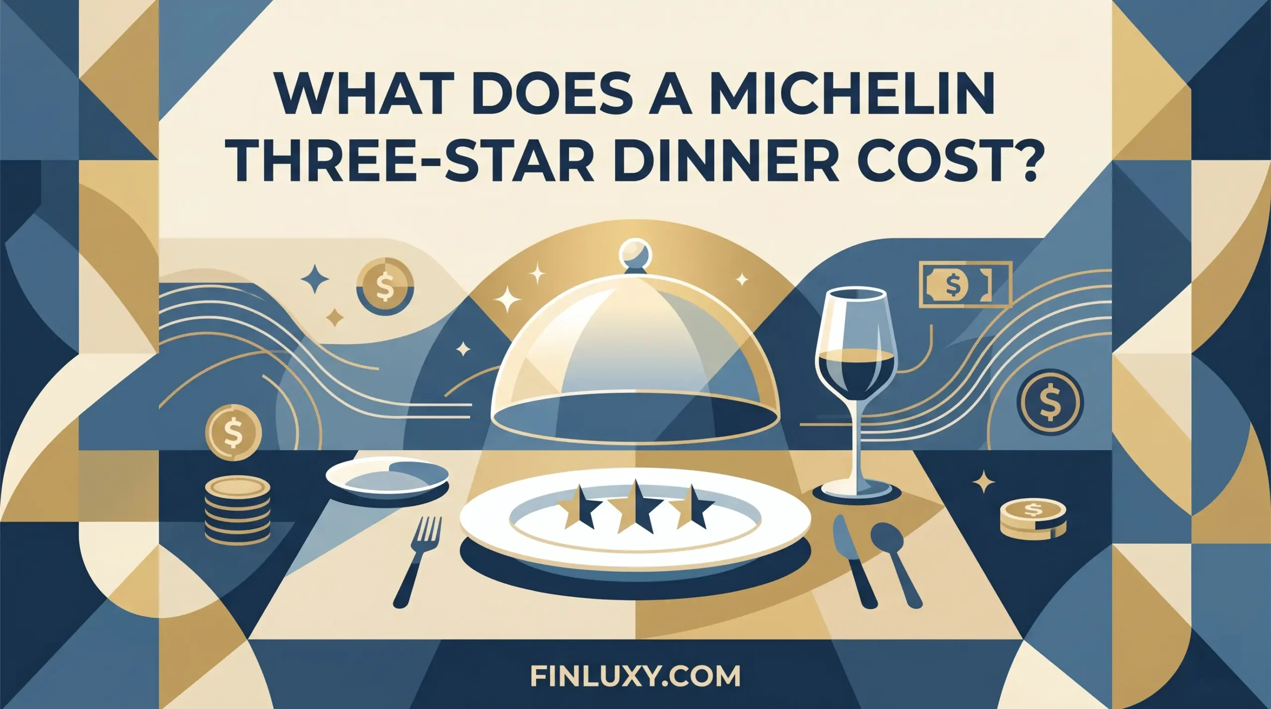 A geometric illustration showing a dining table with three stars on a plate, surrounded by floating coins and a cloche.