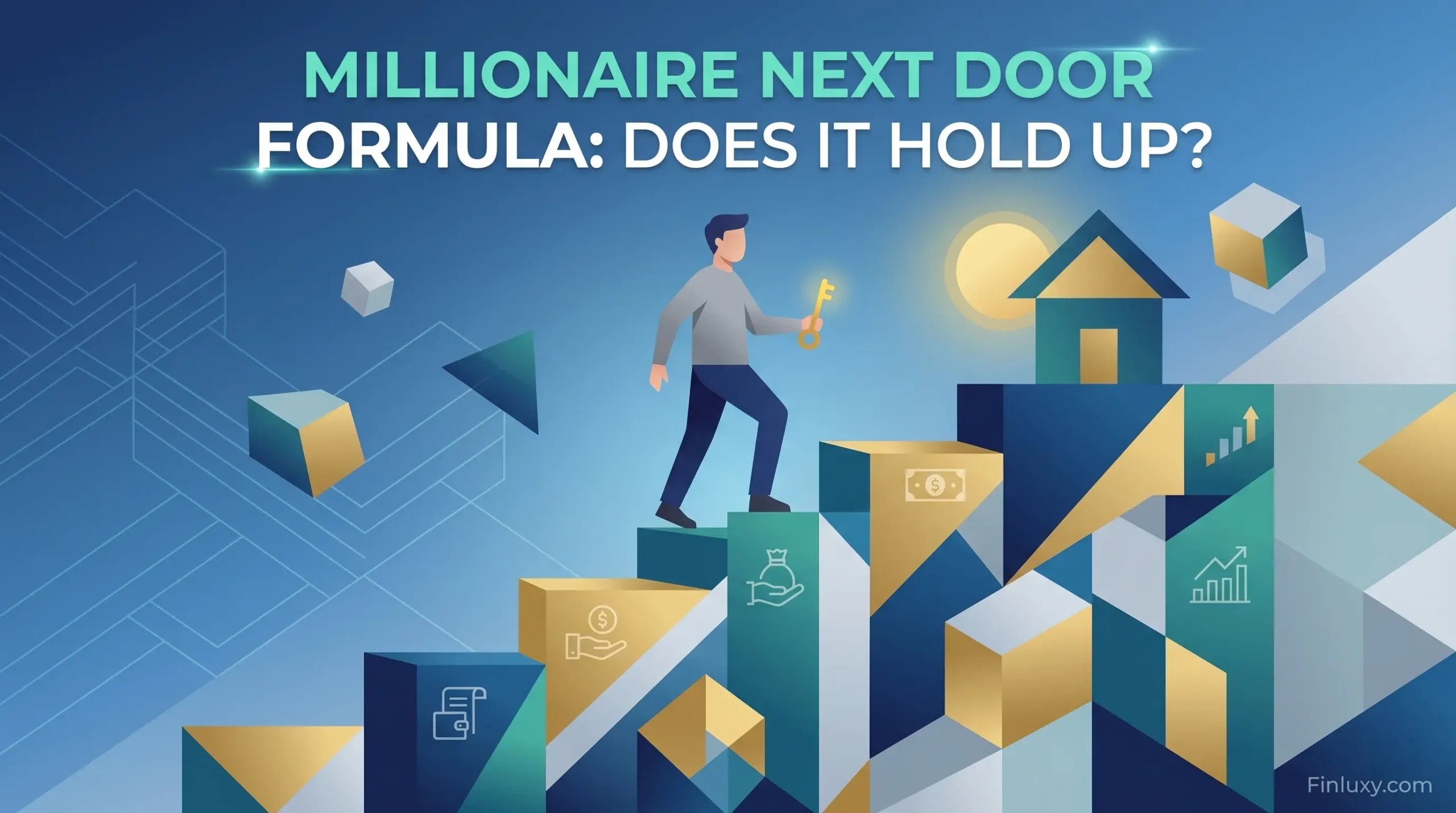 Geometric vector illustration of a person walking up blocks toward a house, with the headline "Millionaire Next Door Formula".