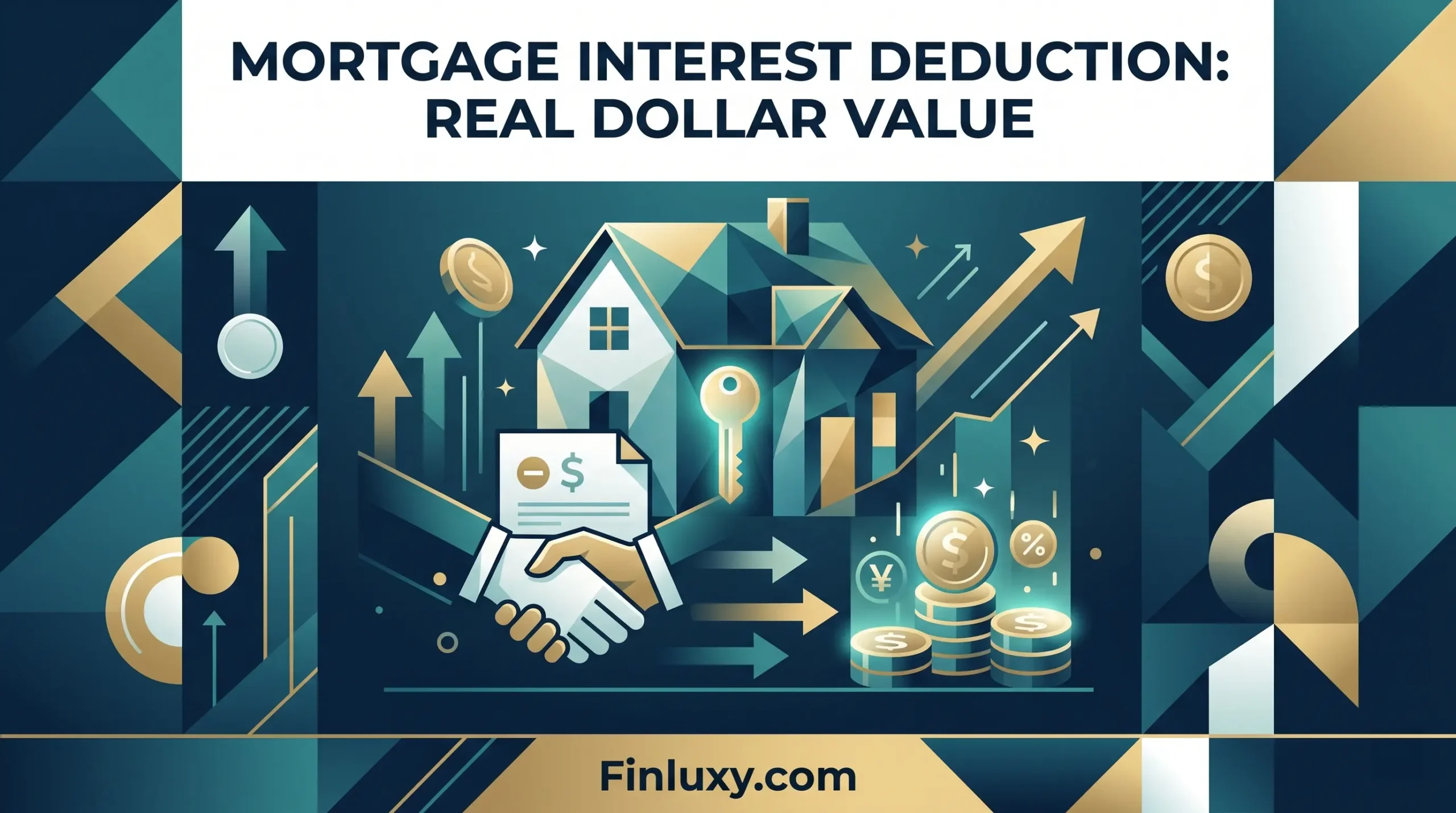 Geometric illustration of a house, coins, and a minus sign showing mortgage tax savings value with Finluxy.com logo.