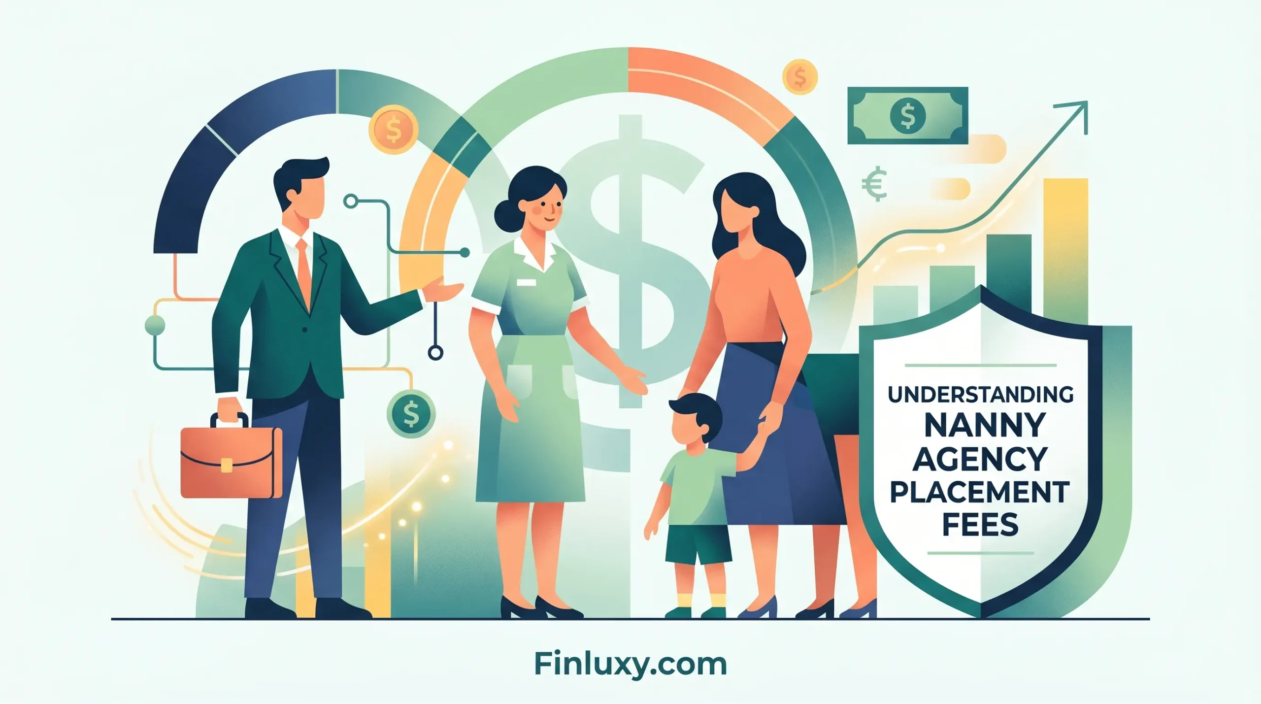 Geometric vector illustration showing a business man introducing a nanny to a mother and child, with financial symbols.