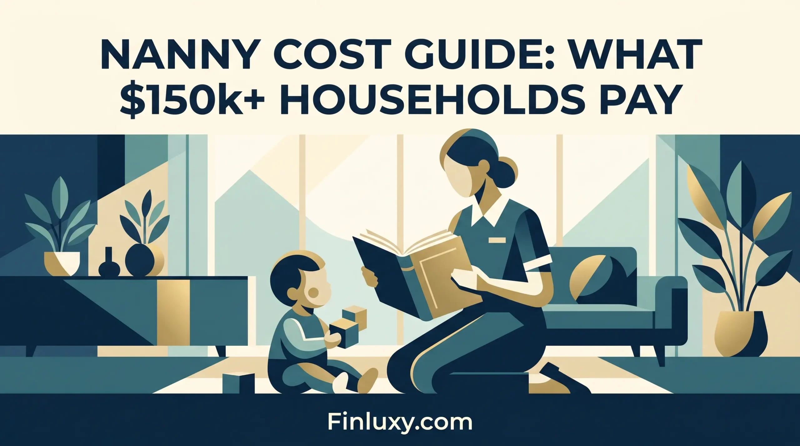 A geometric vector illustration of a nanny reading to a child in a high-end, modern living room setting.