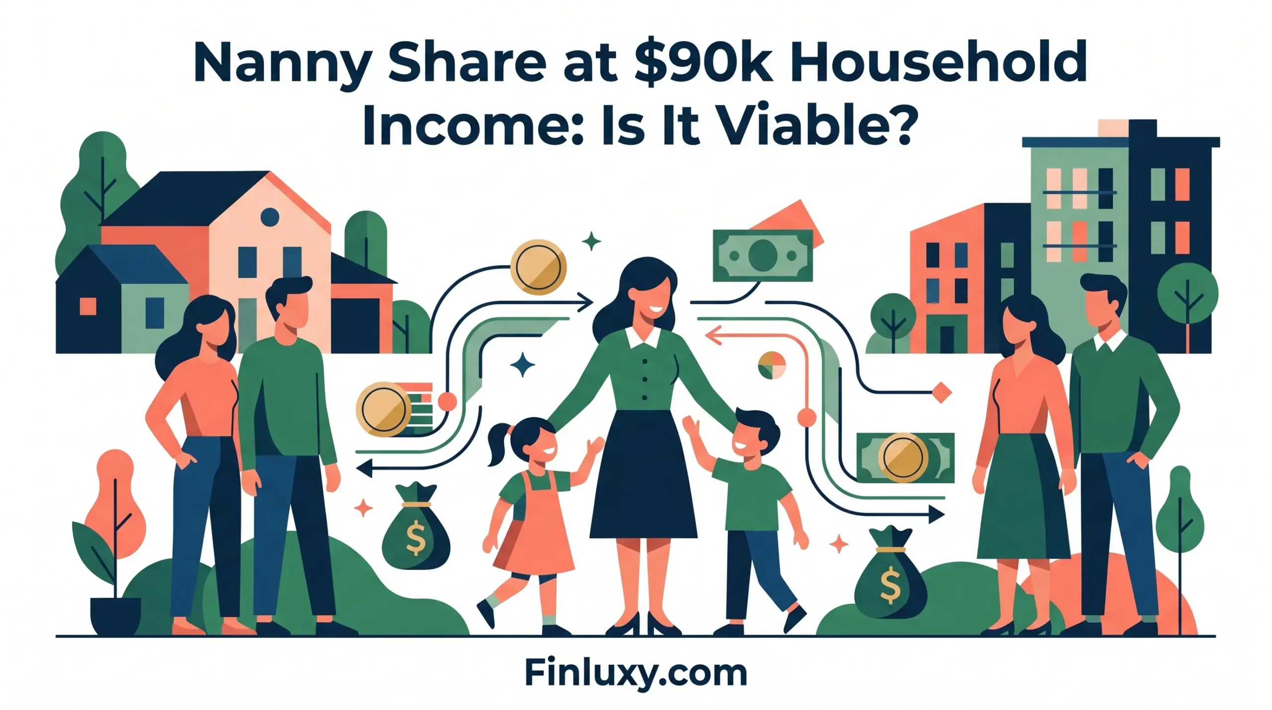Vector illustration showing two families with children using a nanny, with arrows indicating shared costs and finances.