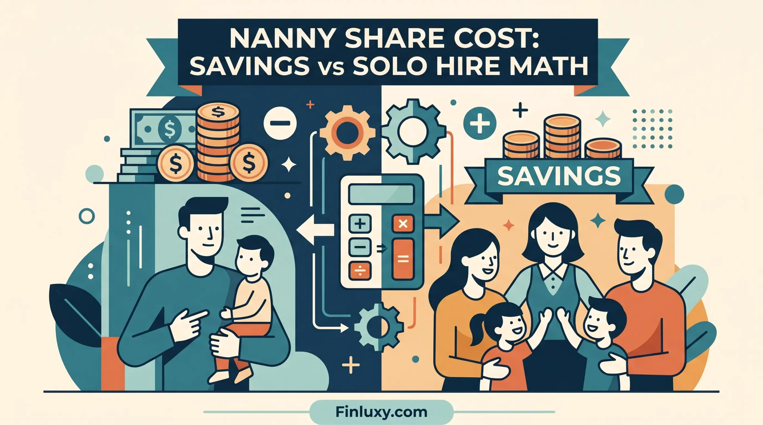A geometric vector illustration for Finluxy.com comparing the costs of a solo nanny hire versus a shared nanny arrangement.