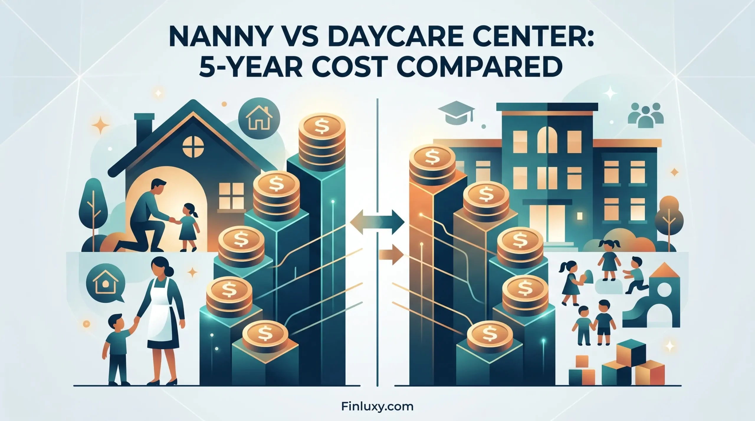 Geometric illustration comparing childcare costs, featuring a house and a school building side-by-side with stacks of gold coins.